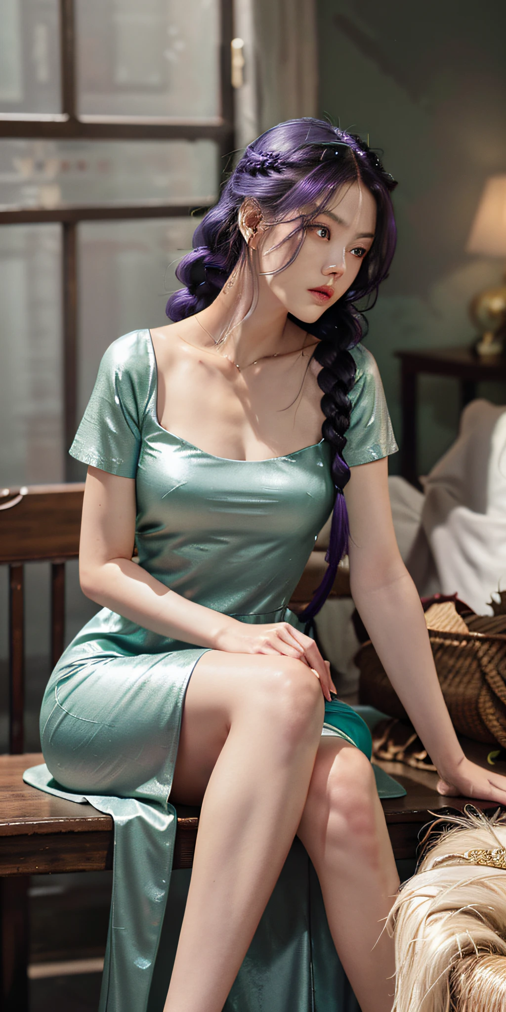 1 woman, 2 hands, 2 long legs, superlative, masterpiece, gray-purple hair, golden eyes, light green dress, looking up, sitting, hair, fair skin, side long braids