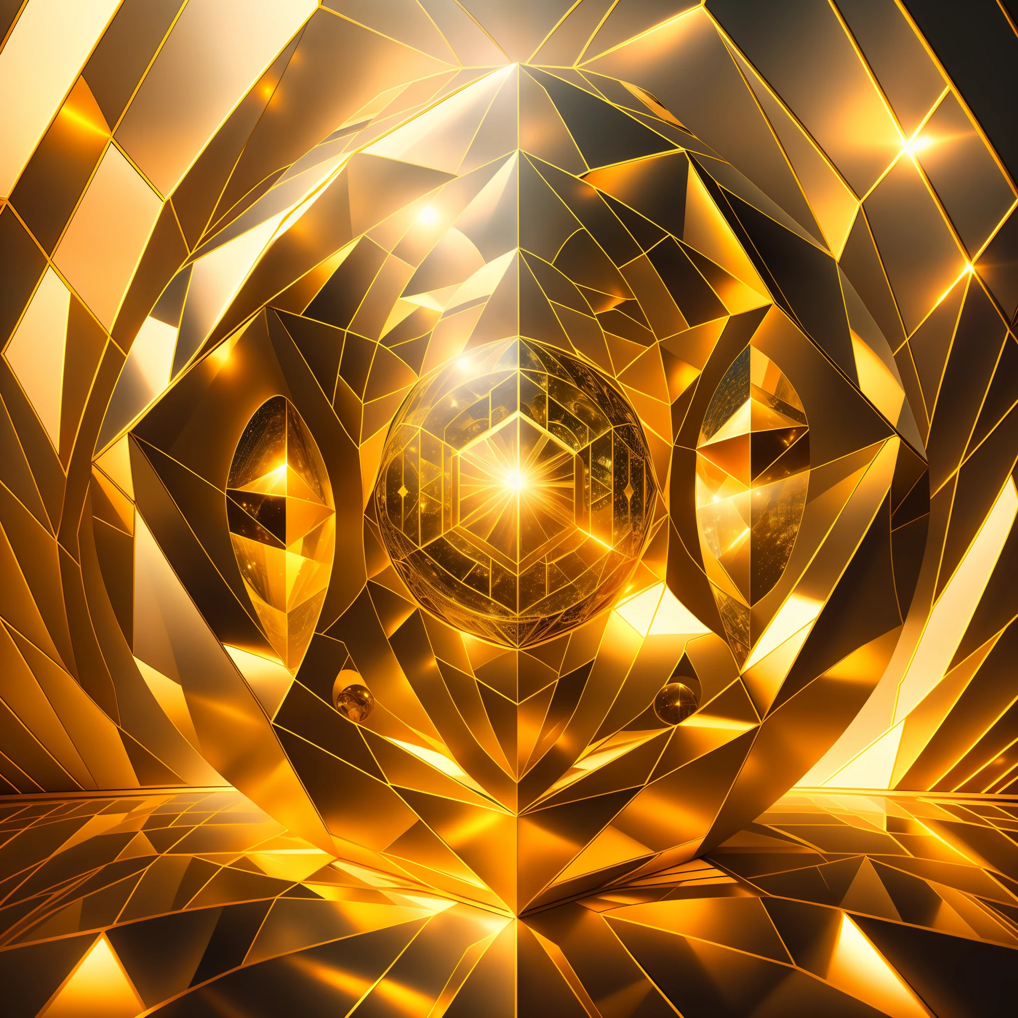 Ultra high definition. Inside the crystal dome of an extraterrestrial planet enveloped in golden light. Modern artworks depicting complex sacred geometries float in various luminescent plasma.