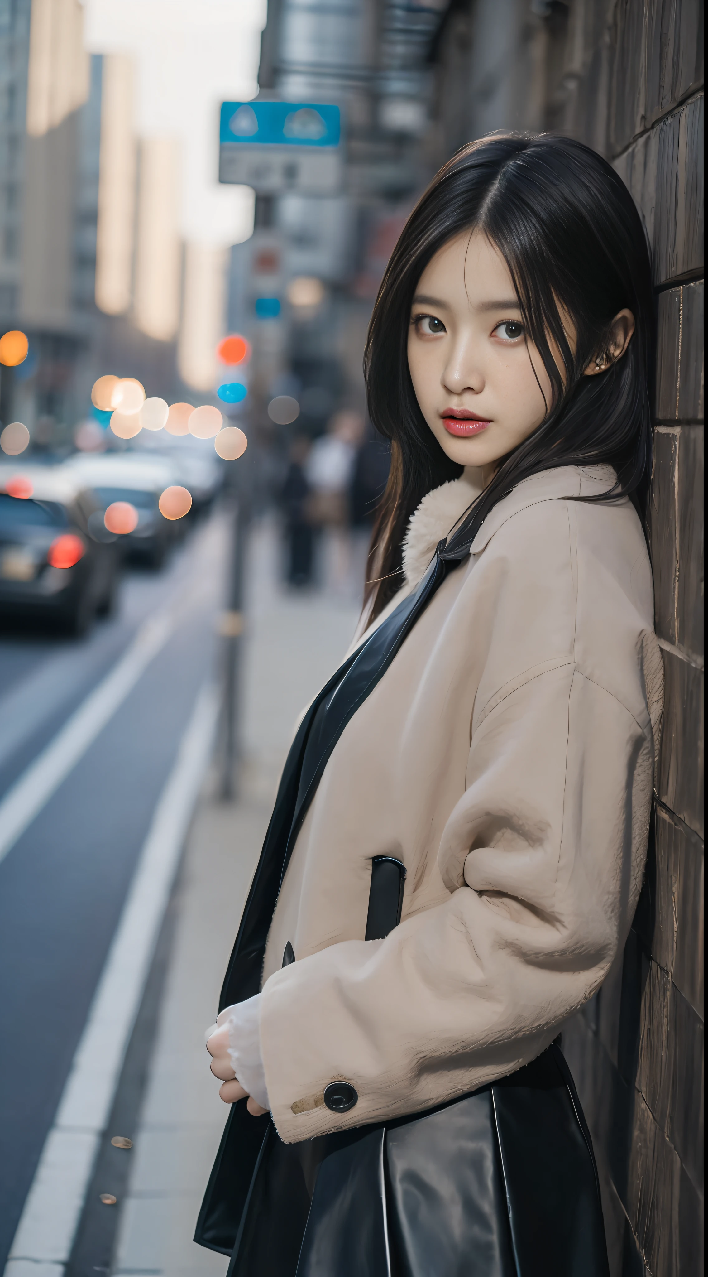 Ultra HD, masterpiece, highest resolution, highest detail, chiaroscuro, a young and beautiful woman, black hair, beautiful eyes, long eyelashes, sad expression, human eye perspective, wearing a black coat, blue short skirt, standing on the road