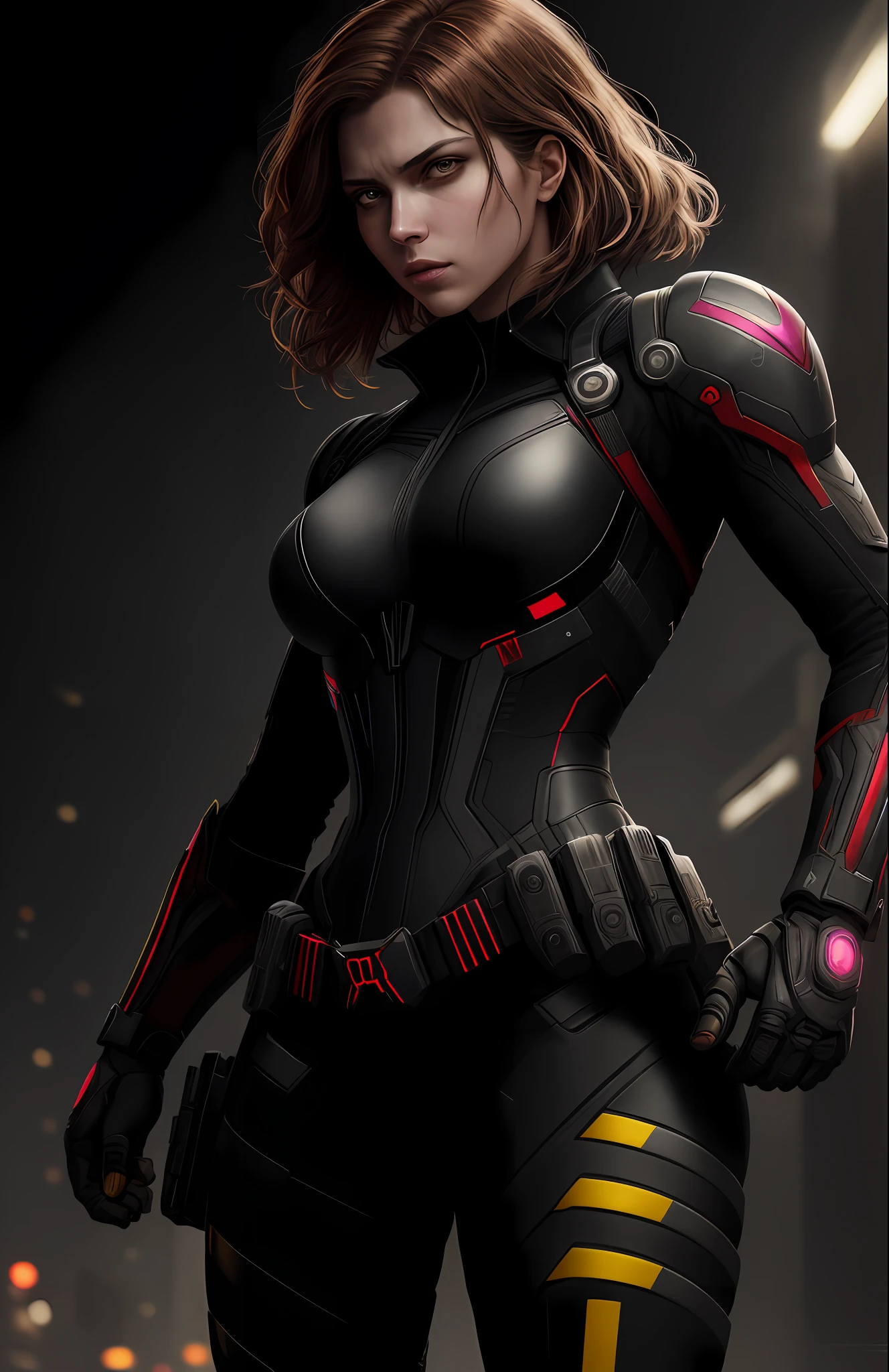 (dark shot: 1.1), epic realistic, Black Widow from Marvel, yellow gradient, black, brown and magenta color scheme, grunge aesthetic!!! graffiti tag wall background, art by Greg Rutkowski and artgerm, soft cinematic light, Adobe Lightroom, darkroom, HDR, intricate, highly detailed, (depth of field: 1.4), faded, (neutral colors: 1.2), (hdr: 1.4), (muted colors: 1.2), hyper-detail (artstation: 1.4), cinematic, warm light, dramatic light (complex details: 1.1)