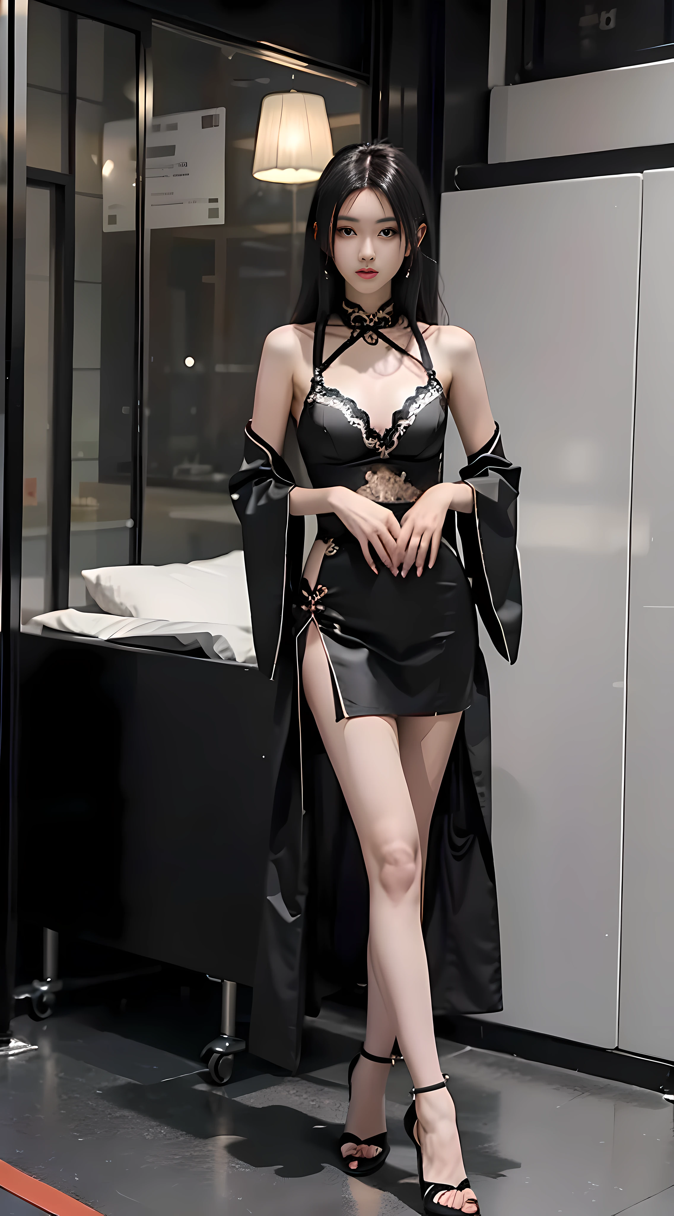 Girl in black open cheongsam top, posing for photo, full body portrait, bra, slim figure, long hair, slim long legs, smaller bust, slim girl model, 24 year old female model, white high heels, standing posture, indoors,