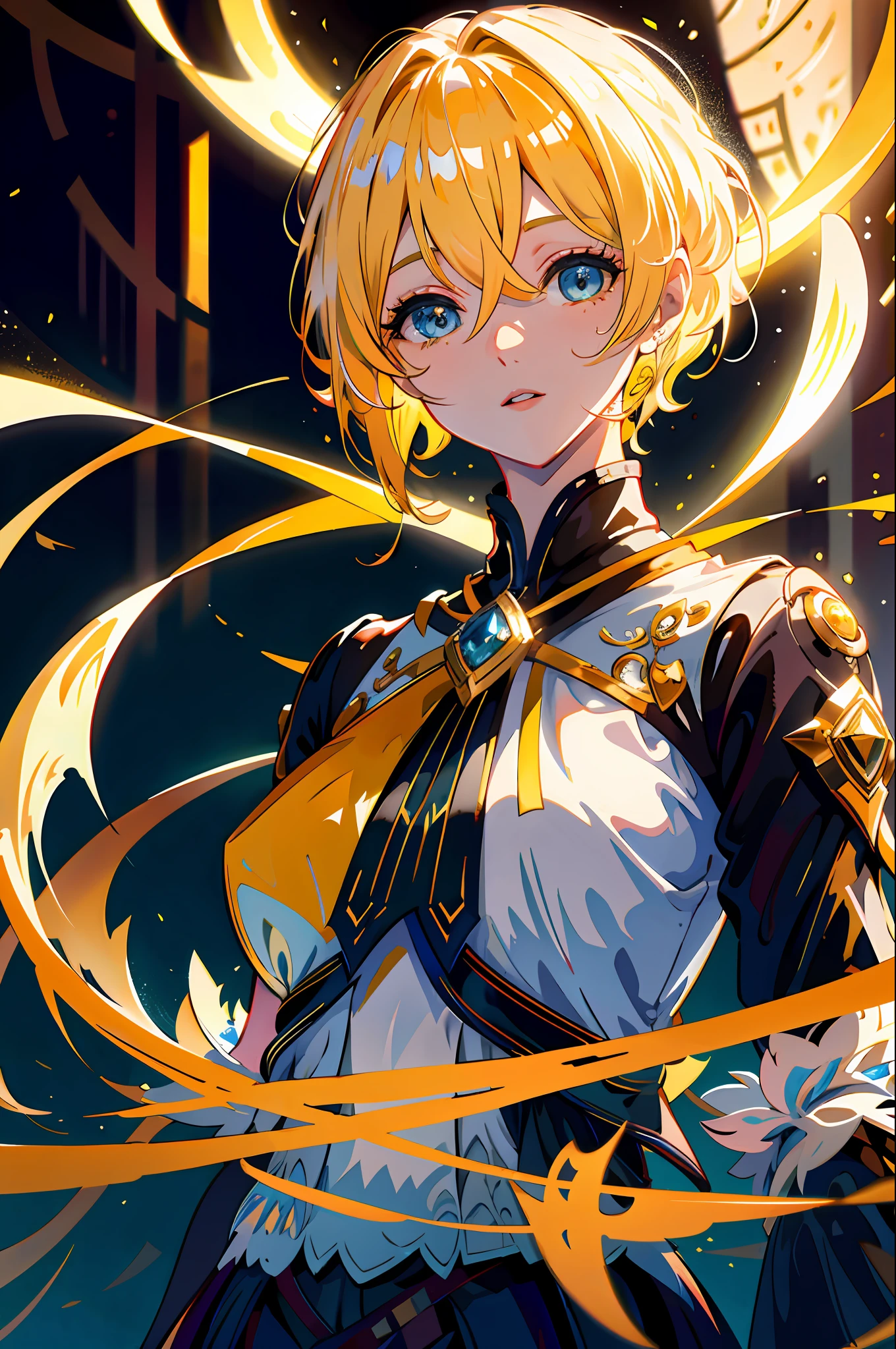 umine \(genshin impact\), short hair, blonde hair, yellow eyes, 1girl, upper body, dark lighting, looking at viewer, (epic), (elegant), ((hyper detailed)), ((best quality)), bloom, (first_person_view), shine, glimmers, bright pupils, lighting, hood down, (masterpiece, sidelighting, finely detailed beautiful eyes: 1.2)