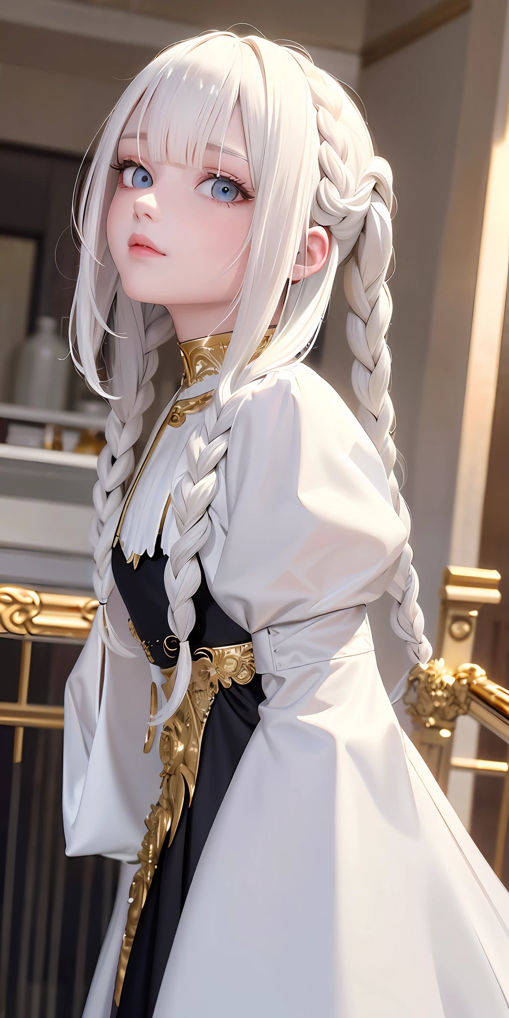 best quality, masterpiece,white hair, gold eyes,white clothes, looking up, upper body,hair strand,Fair skin,side braids