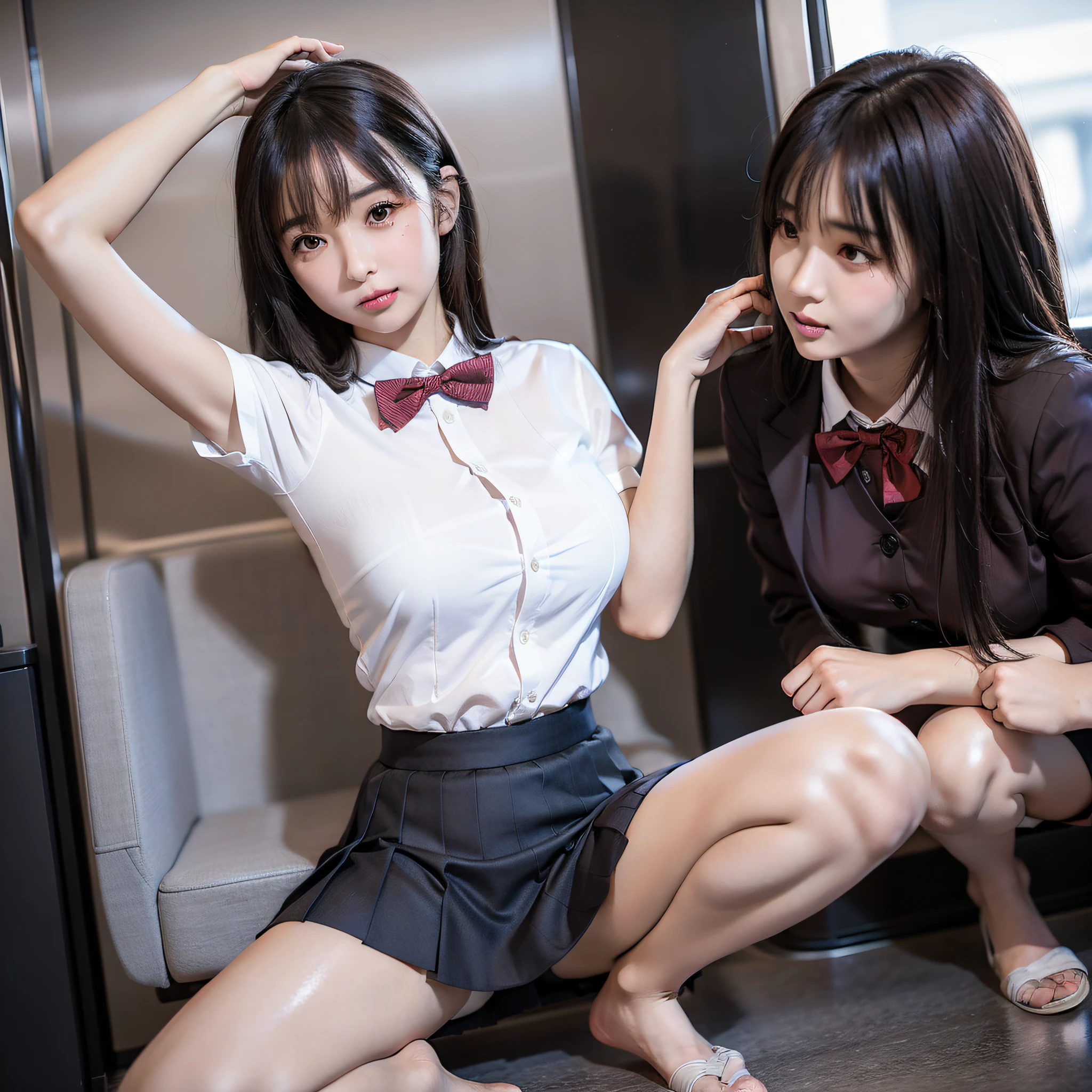 arafed Asian woman in a pleated short skirt and bow tie, half squat on a train, intense menstrual flow, menstrual blood running down her thigh, menstrual blood-stained skirt, beautiful girl, hyperrealistic, posing, full body, nice skin, shiny skin, nice thighs, shiny thighs, shiny legs