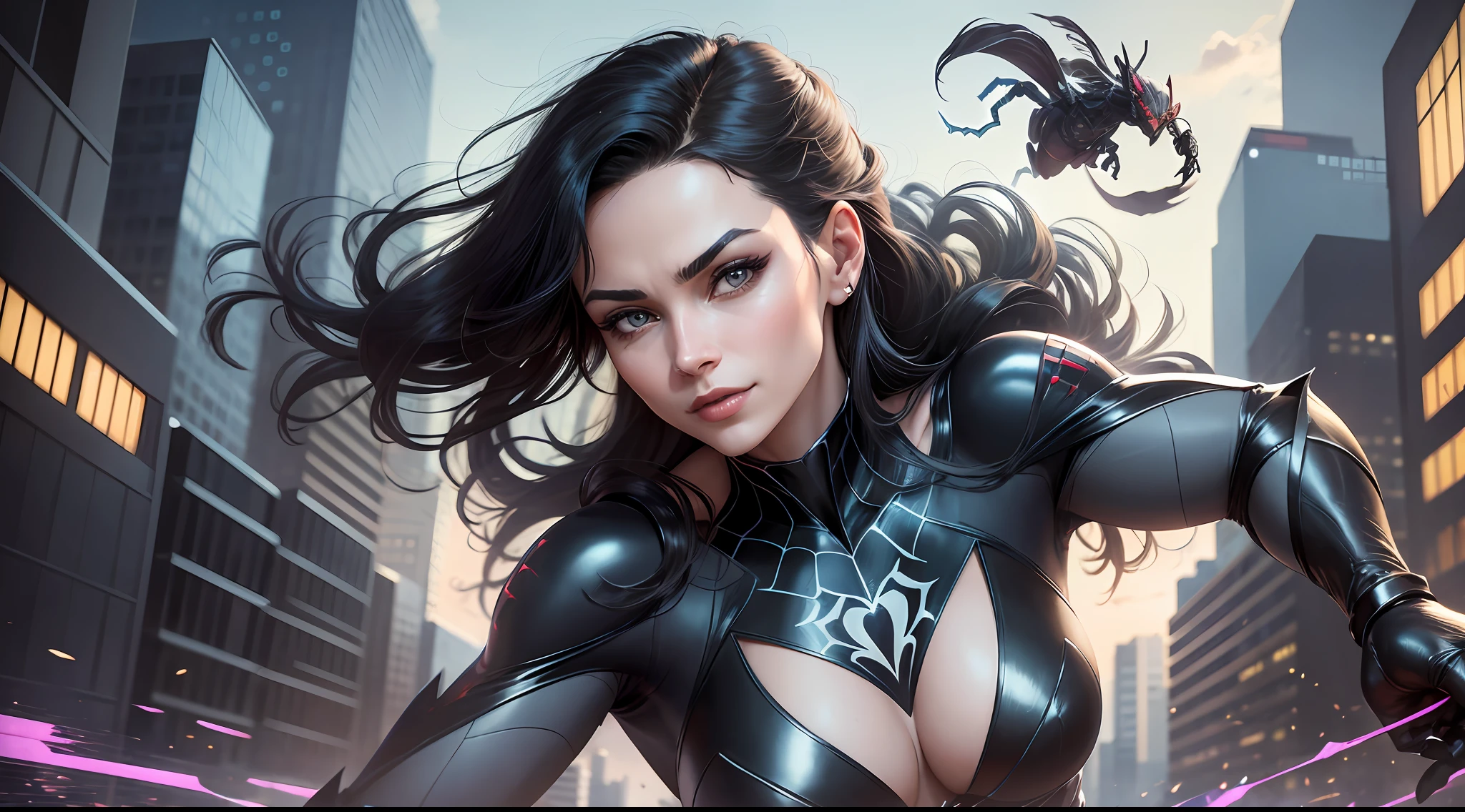 Spider Woman exudes an audacious confidence as she moves silently through the streets of the city. His agile and elegant figure is wrapped in a fair and elegant costume that accentuates his perfect curves. His mask reveals only his bright eyes and his confident smile. Her black hair flows in locks in the wind as she leaps through the buildings of the city.
Her presence is magnetic, and she exudes a powerful energy that makes her even more attractive. She is strong and courageous, always ready to face danger to protect those who need help. Her arachnid agility makes her a formidable opponent in combat, and her intelligence and cunning are her main weapons.
Despite her strength and courage, she is kind and compassionate to those who are struggling. She takes her responsibilities as a hero seriously, but is also notable for her cheerfulness and sense of humor. She is a true arachnid beauty, with a heart of gold and a brave soul. , 8k high resolution image, hyper detailed, super realistic, intricate details --auto --s2