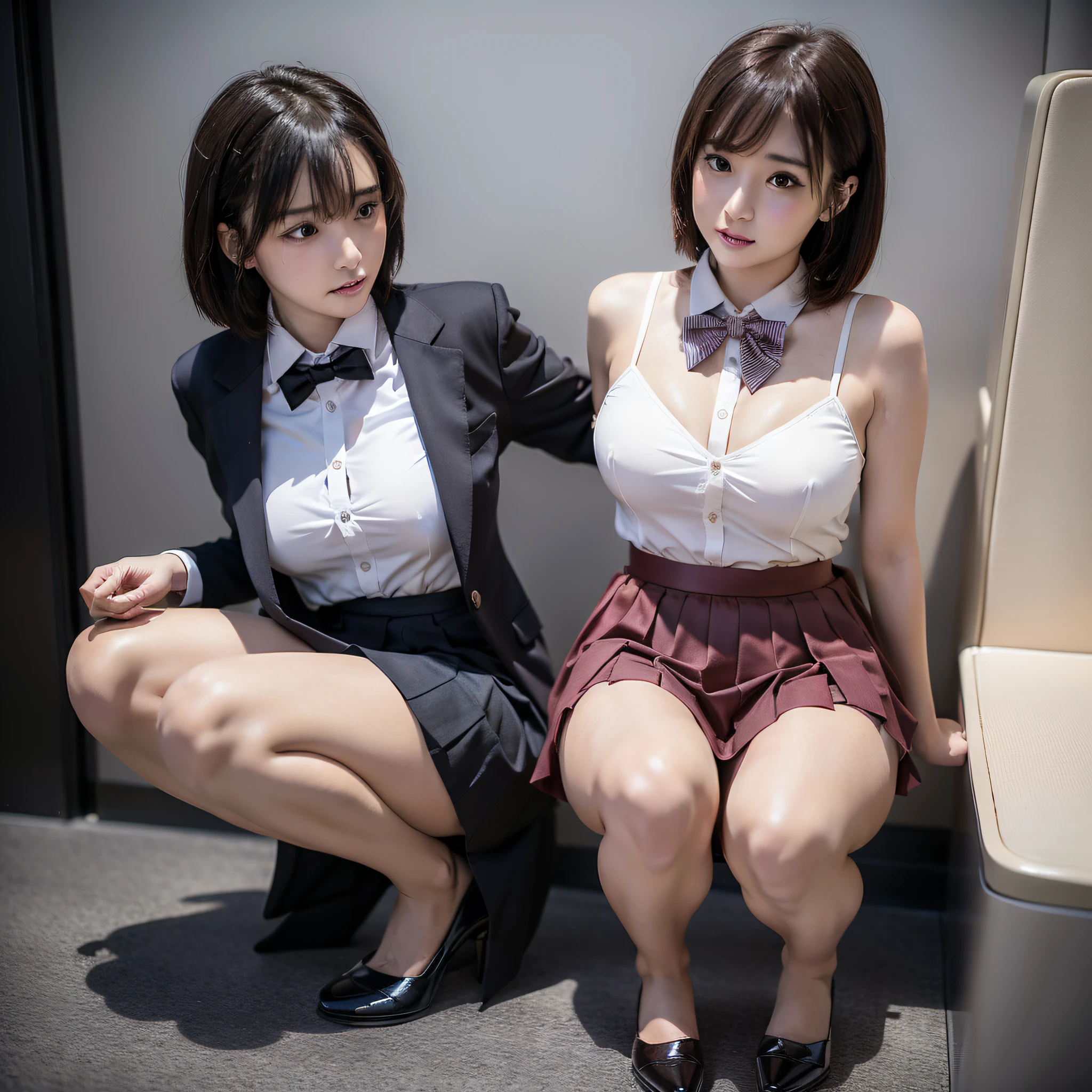 arafed Asian woman in a pleated short skirt and bow tie, half squat on a train, intense menstrual flow, menstrual blood running down her thigh, menstrual blood-stained skirt, beautiful girl, hyperrealistic, posing, full body, nice skin, shiny skin, nice thighs, shiny thighs, shiny legs