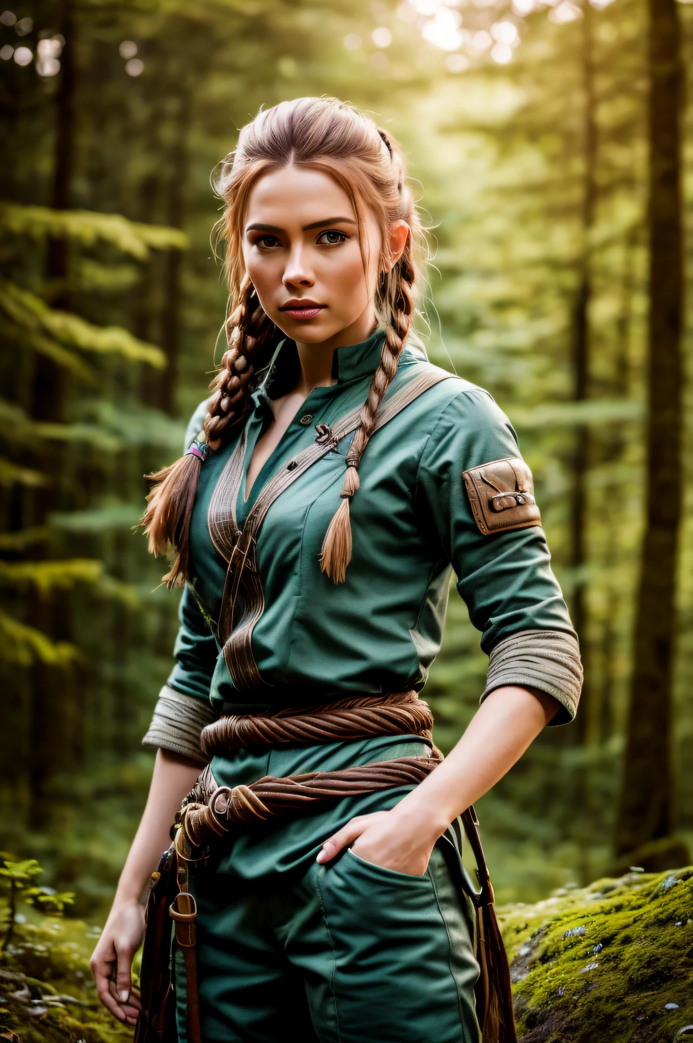 a woman in a green outfit standing in a forest, forest hunter lady, very beautiful elven top model, gorgeous jungle ranger, female forest archer, fantasy character photo, aloy from horizon: zero dawn, portrait of a female ranger, aloy from horizon zero dawn, elven warrior princess, female elfling, lara croft medieval, beautiful wood elf