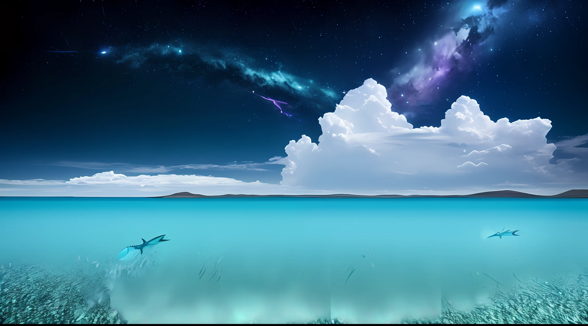 Smooth waves of alien planet (blue sea), beautiful crystal clear water, night, giant fish jumping out of the waves, iridescent plankton blotches in the water, glittering splashes, deep purple sky dotted with stars in the background, unknown constellations in the sky, (multiple bright moons and planets in the sky: 1.5), sparkling horizons, mesmerizing views, masterpieces, top quality, detailed 4K wallpapers, award-winning art, bokeh, depth of field, HDR, Bloom, chromatic aberration, very elaborate, trend at art station, trend in CGSociety, dramatic, clouds reflected on the surface of the water (Iridou cloud), Salar de Uyuni