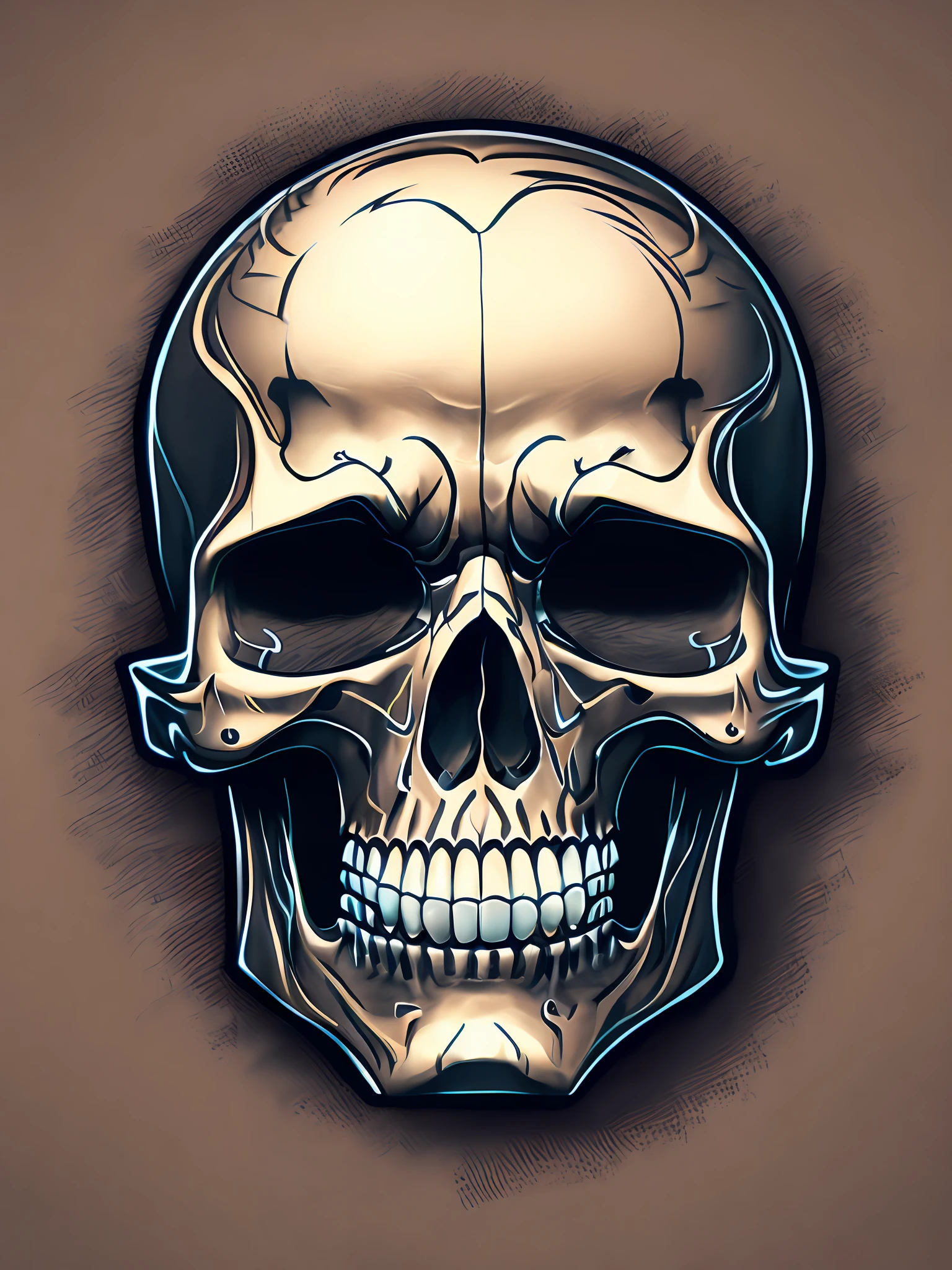 Cartoon Realistic Style Skull Front Face with Tattoo Style Strokes and Effects