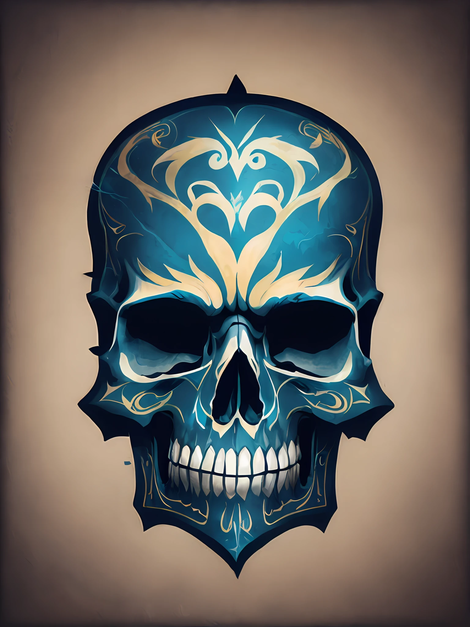 Cartoon Realistic Style Skull Front Face with Tattoo Style Strokes and Effects