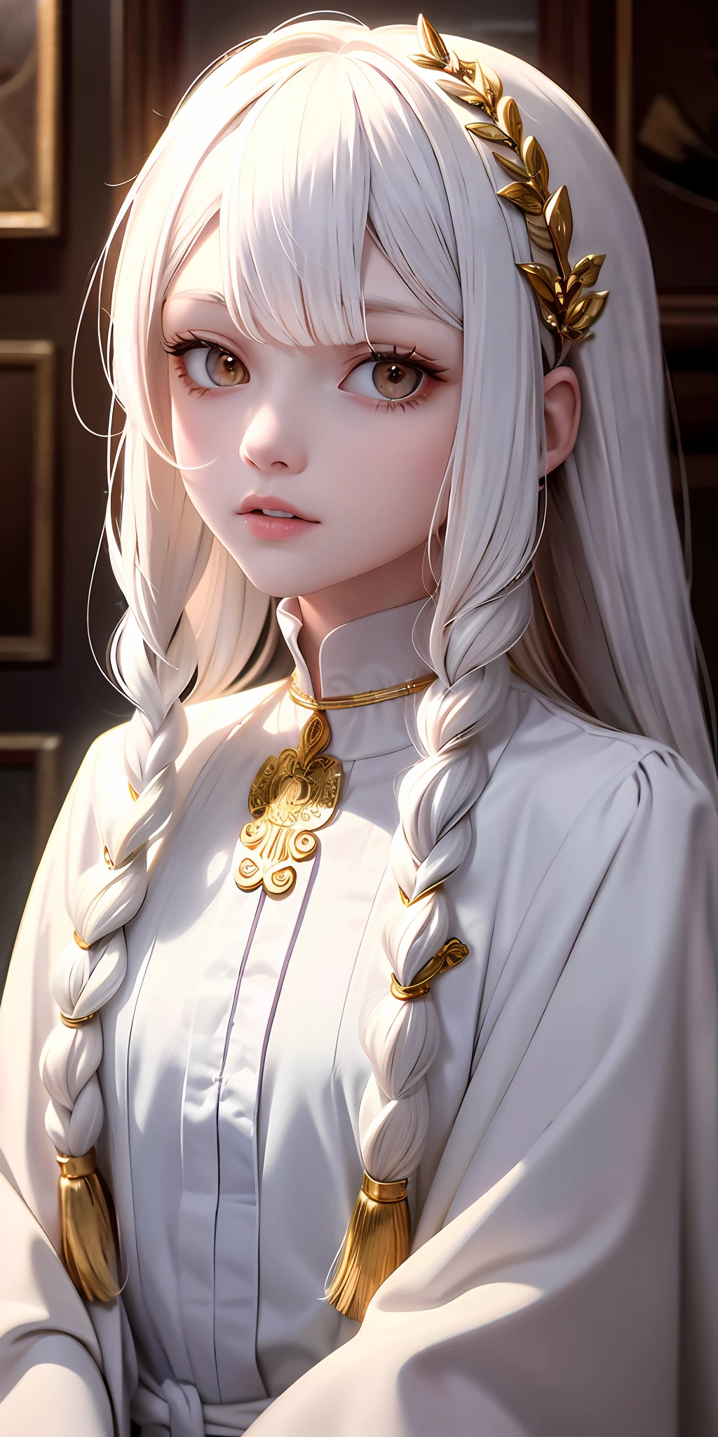 best quality, masterpiece,white hair, gold eyes,white clothes, looking up, upper body,hair strand,Fair skin,side braids