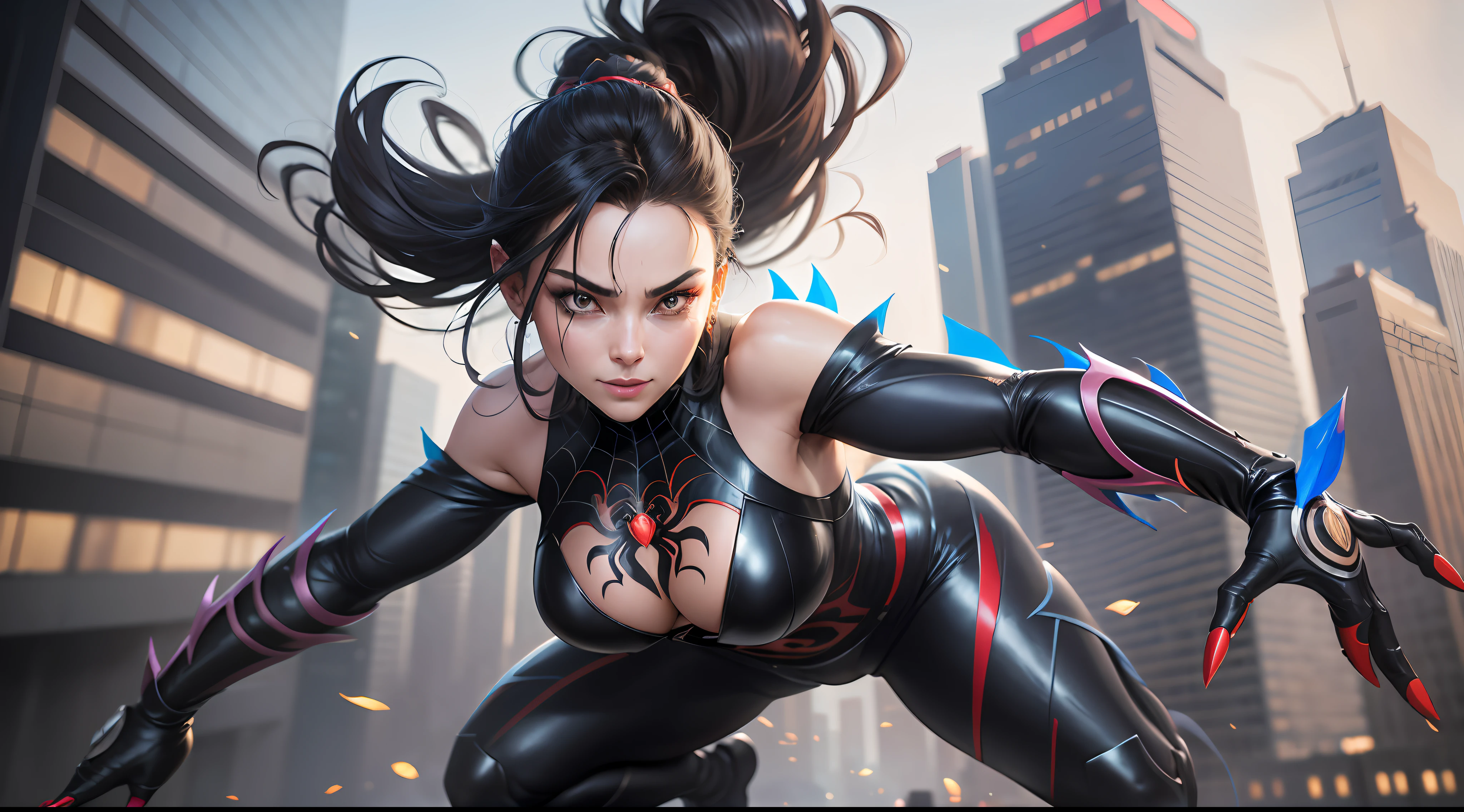 Spider Woman exudes an audacious confidence as she moves silently through the streets of the city. His agile and elegant figure is wrapped in a fair and elegant costume that accentuates his perfect curves. His mask reveals only his bright eyes and his confident smile. Her black hair flows in locks in the wind as she leaps through the buildings of the city.
Her presence is magnetic, and she exudes a powerful energy that makes her even more attractive. She is strong and courageous, always ready to face danger to protect those who need help. Her arachnid agility makes her a formidable opponent in combat, and her intelligence and cunning are her main weapons.
Despite her strength and courage, she is kind and compassionate to those who are struggling. She takes her responsibilities as a hero seriously, but is also notable for her cheerfulness and sense of humor. She is a true arachnid beauty, with a heart of gold and a brave soul. , 8k high resolution image, hyper detailed, super realistic, intricate details --auto --s2