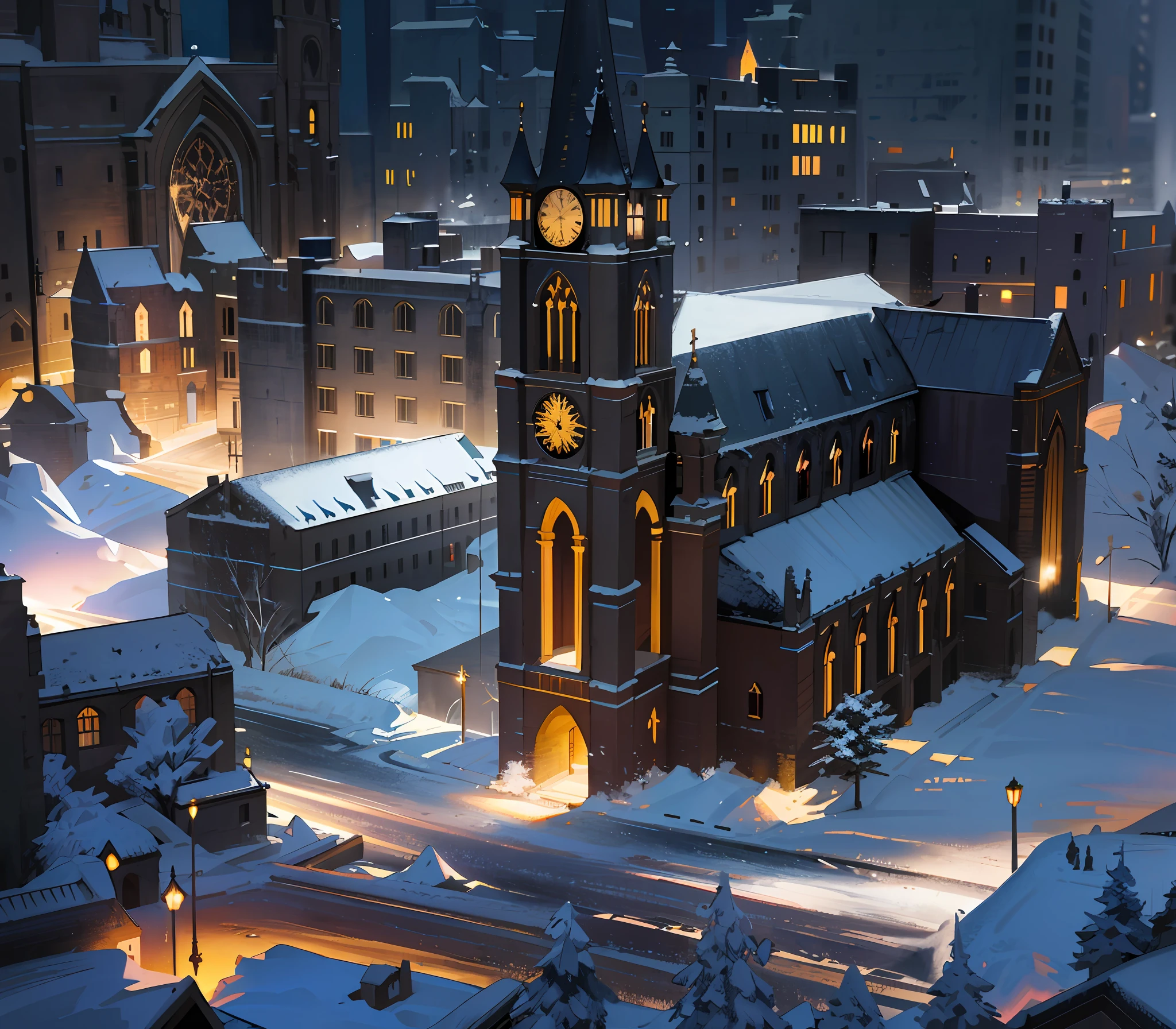 dark night view of the city with church and clock tower, heavy snow, piled snow, burned city, heap of snow, photographic isometric cathedral, night rendering, soft film tone mapping, highly rendered, tone mapping, realistic rendering, realistic city photography, surreal, rendered, breathtaking rendering, cathedral!!!!!, cathedral