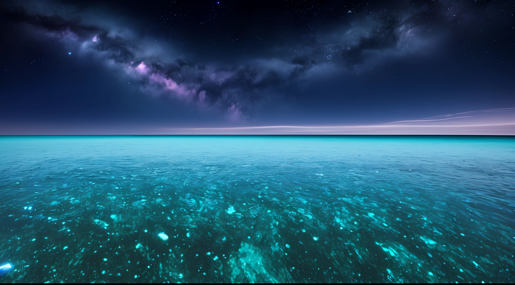 Smooth waves of alien planet (blue sea), beautiful crystal clear water, night, giant fish jumping out of the waves, iridescent plankton blotches in the water, glittering splashes, deep purple sky dotted with stars in the background, unknown constellations in the sky, (multiple bright moons and planets in the sky: 1.5), sparkling horizons, mesmerizing views, masterpieces, top quality, detailed 4K wallpapers, award-winning art, bokeh, depth of field, HDR, Bloom, chromatic aberration, very elaborate, trend at art station, trend in CGSociety, dramatic, clouds reflected on the surface of the water (Iridou cloud), Salar de Uyuni