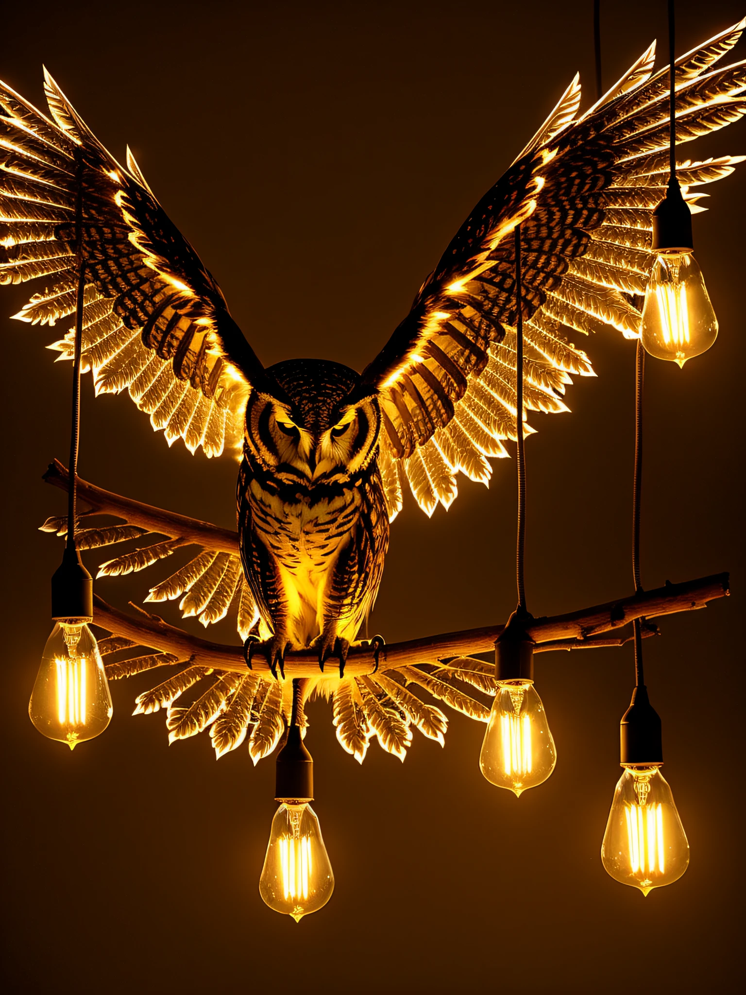 Winged treetops up, dark background, glowing light bulbs, breathtaking, very detailed, very detailed, beautiful, owl