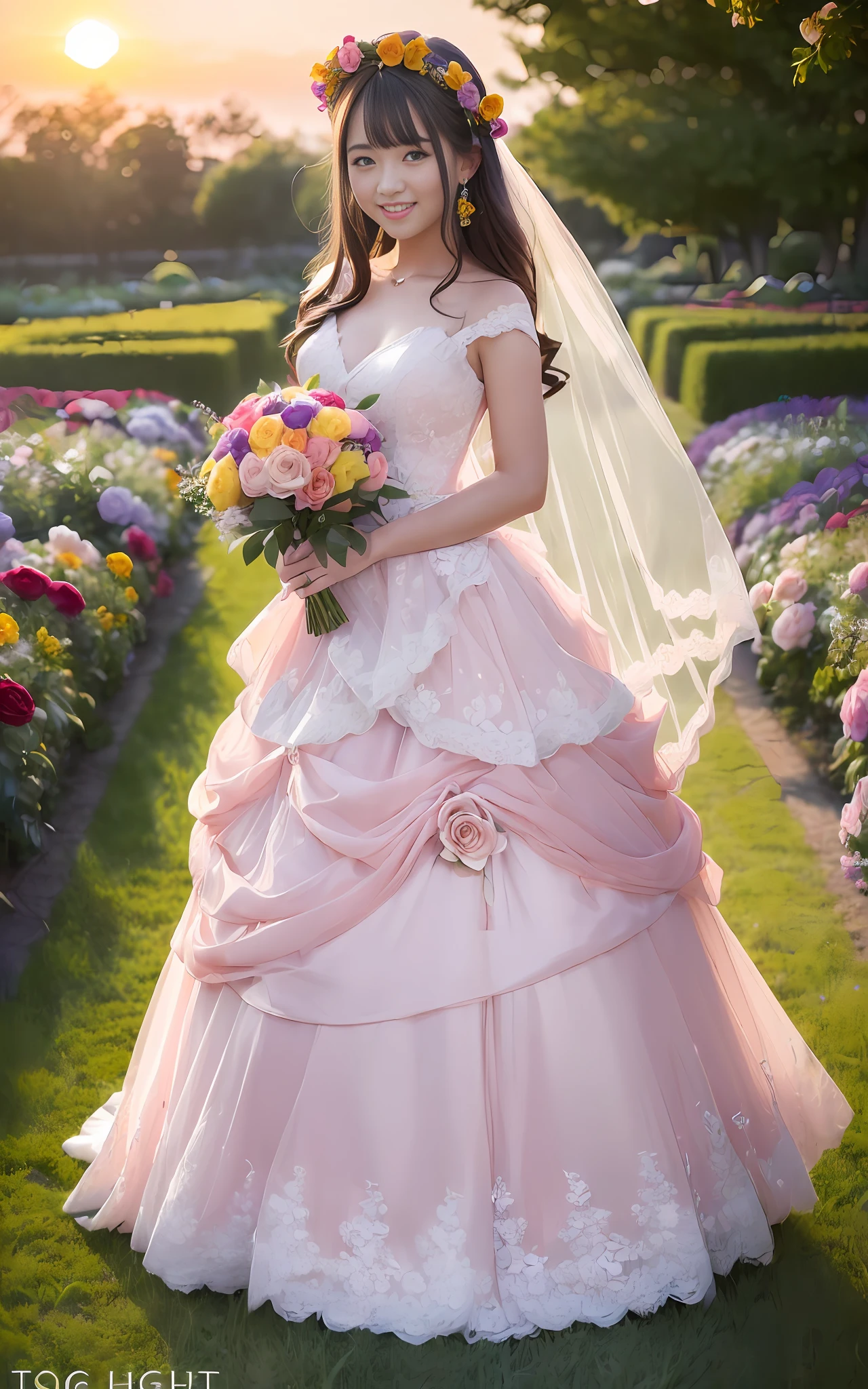 (((((Full body photo)))),((Slim body)))),20 years old, twilight rays, rose-patterned wedding dress, flower crown, (((Tokugawaen))), rose front bokeh, bokeh, photorealistic, surrounded by colorful roses, ((smiling)))))), (1 girl), (sunset:1.3), (8k, RAW photo, best quality, masterpiece:1.2), (real, Photorealistic:1.37), Best Quality, Ultra High Definition, (Standing in the Flower Garden:1.3), (Vibrant and Colorful:1.3)