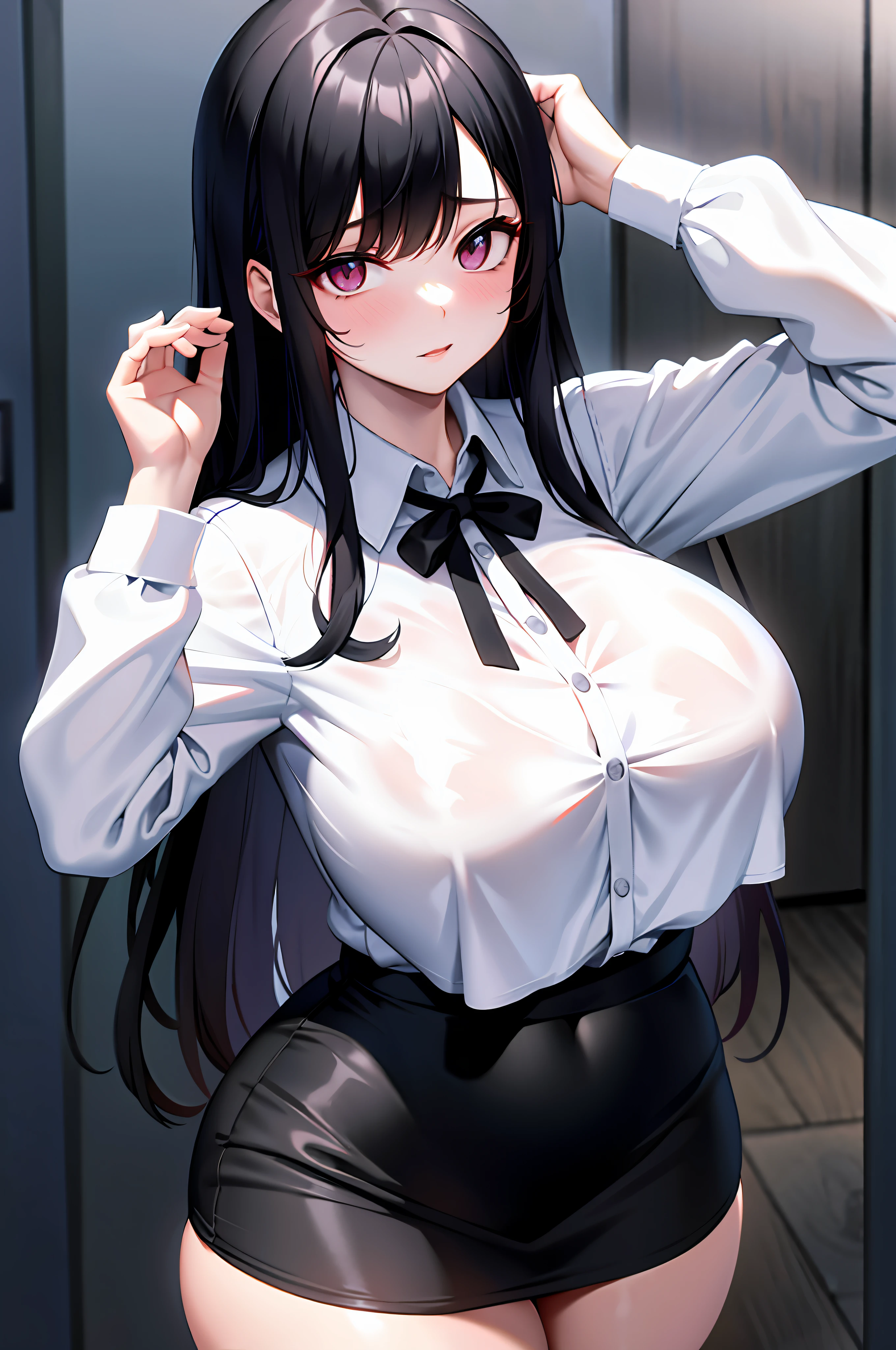 High school girl, white blouse, long untied black hair, pinched eyes, big tits, thick thighs, white panties, posed with tits close together