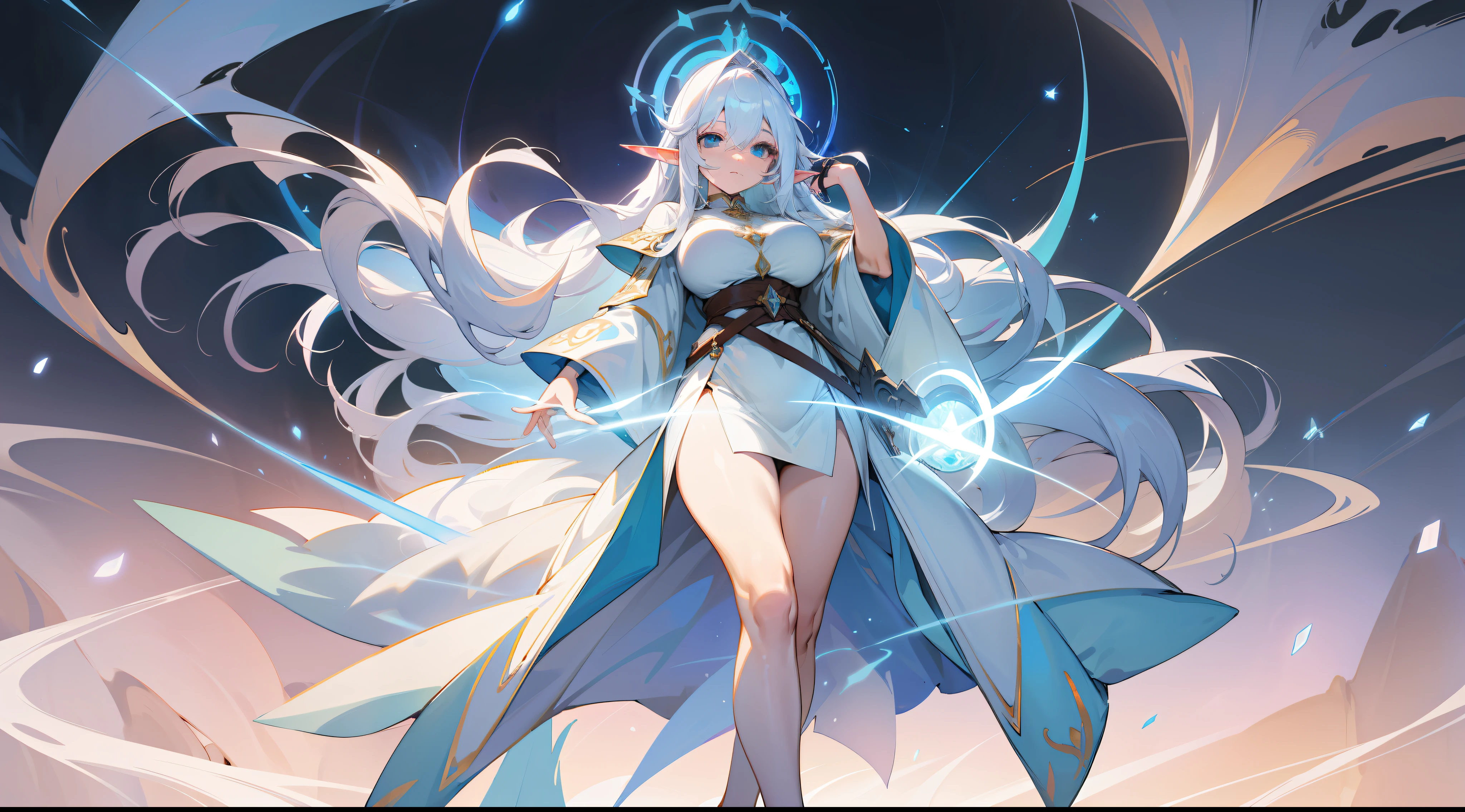 an elf mage, long white hair, bangs, large breasts, exposed thighs, hair between eyes, heroic posture, light blue eyes, full body, white and light blue robe, confident, fantasy, medieval, ice magic, night, lens reflection, glow