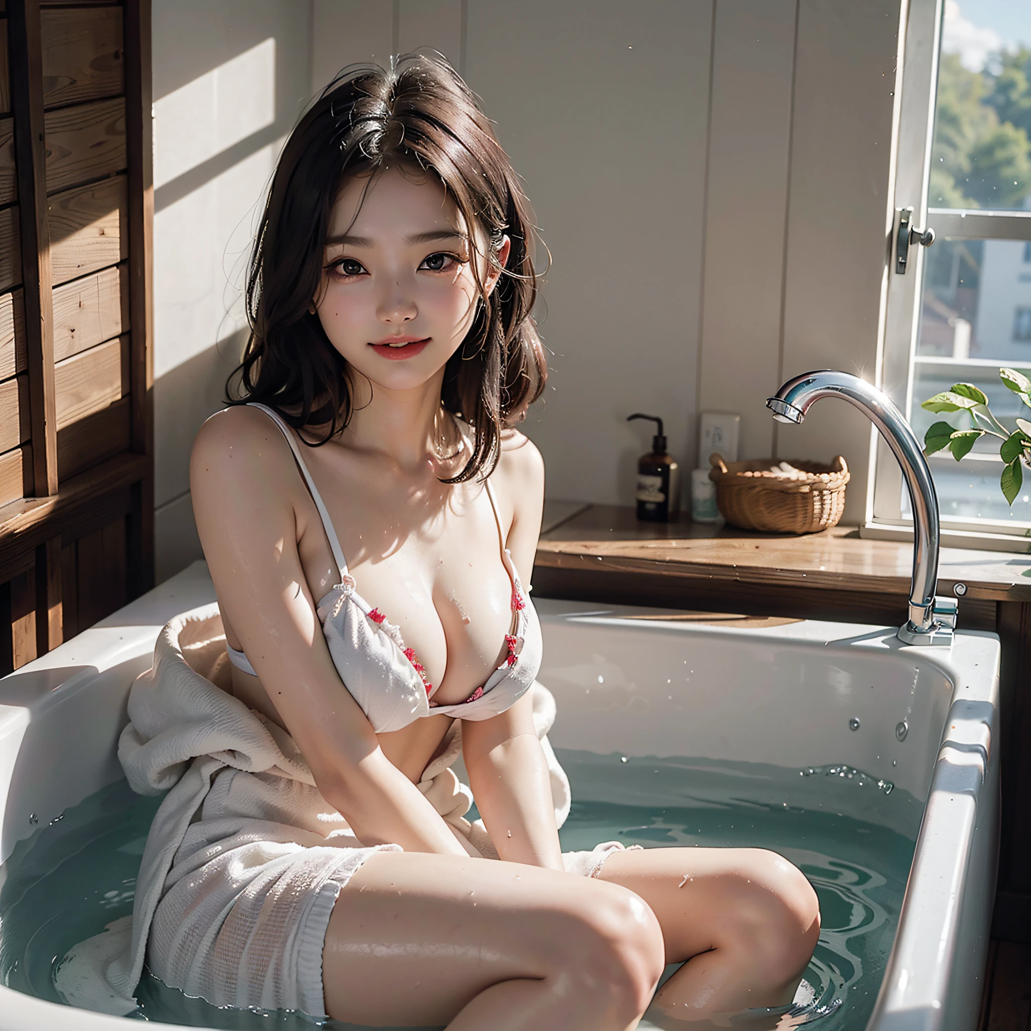18 years old, cleavage, big breasts, round boobs front ((top quality, 8k, masterpiece: 1.1)) bathrobe, bathtub shower standing wet Ultra detailed, big eyes, long legs (nose red), (smile: 1.15), (shut up) big boobs sexy flawless Korean No hands, hands in clothes