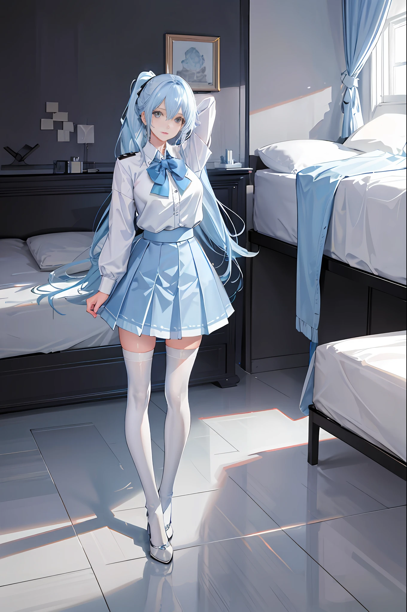 (((1 girl)), ray tracing, (dim lighting), [detailed background (bedroom)), ((light blue hair)), ((light blue hair)), (fluffy light blue hair, plump and slender girl)) tied with a high ponytail) Avoid having golden eyes in an ominous bedroom ((((girl wearing a white shirt, light blue wrinkled skirt, white stockings)))), it shows a delicate slender figure and beautiful curves, correct limbs, sit on the bed, put your hands behind your head and your hands behind your head