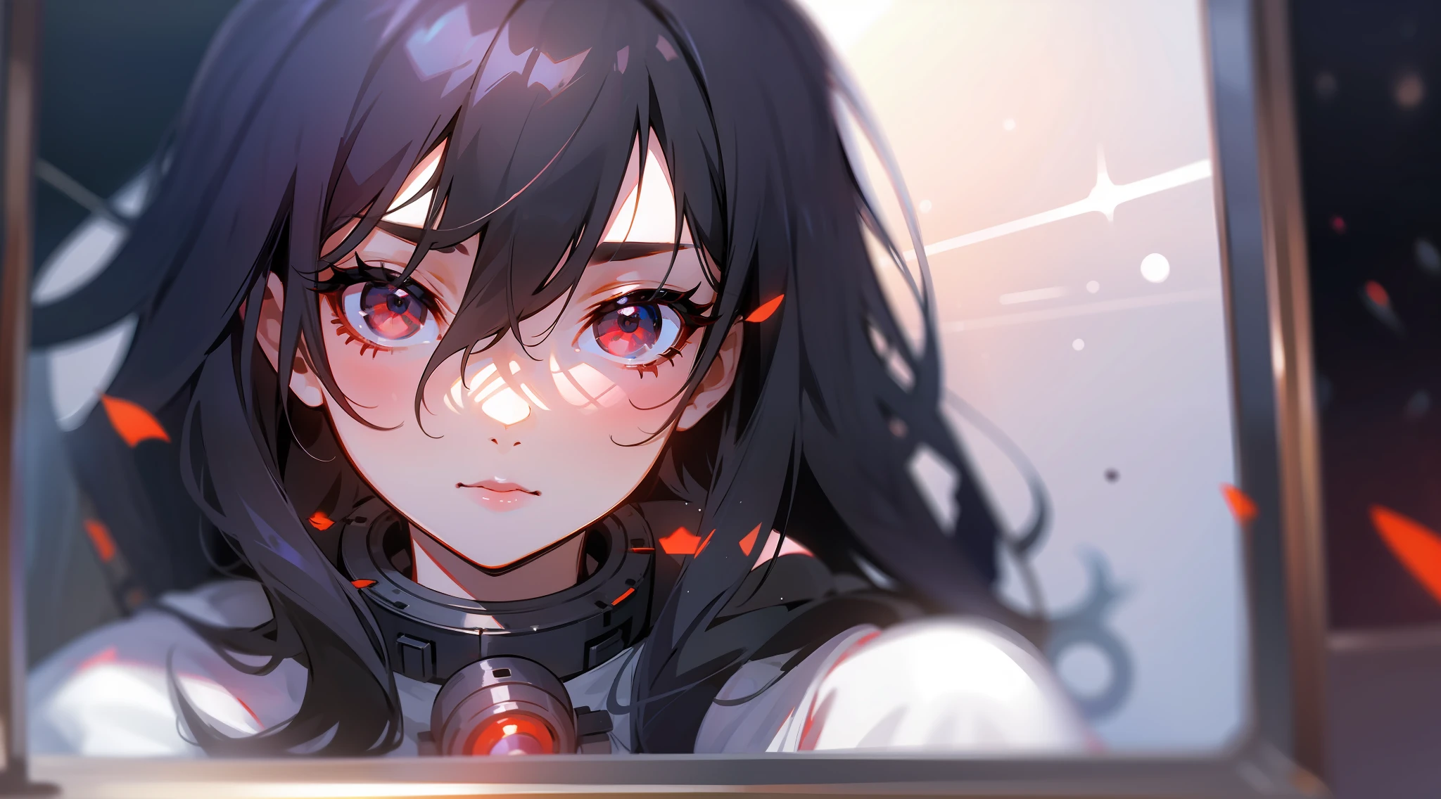 1girl, flat chest, cute, beautiful and detailed eyes, life on the space station, mirror props, shiny hair, visible through hair, hair between the eyes, white monochrome, , Soviet Union, communism, black hair, red eyes, vampires, girl, poor breasts, space suit: blurred foreground, HD, depth of field, bokeh, bust, medium shot, 56mm lens