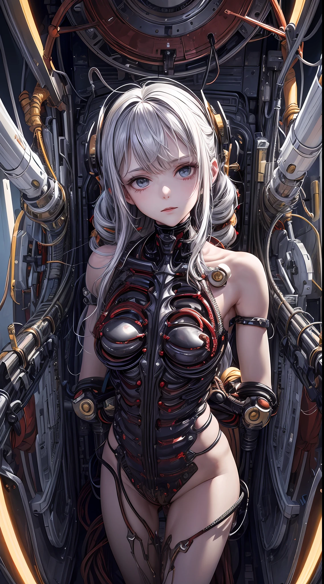 (((Masterpiece))), ((Best Quality)), (Super Detail), (CG Illustration), (Very Evil and Beautiful)), Cinematic Light, ((1 Mechanical Girl)), Single, (Mechanical Art: 1.4), ((Mechanical limb)), (Blood vessel attached to a tube), ((Mechanical spine attached to the back)), ((Mechanical cervical vertebrae attached to the neck), (Back to the viewer)), expressionless, ( Wires and cables attached to the head and body: 1.5), Science Fiction, Apocalypse, Ruins, (Lower Body Integrated with Mechanical Devices), (Blood: 1.5), Cruelty, Absurdity, Eroticism, Fusion with Machines, Doomsday Time, Super Future, Inorganic, Laboratory, Restraint, (Beautiful Indulgence: 1.2), (1 Girl: 1.3), Body Wrapped Around Mechanical Tentacles