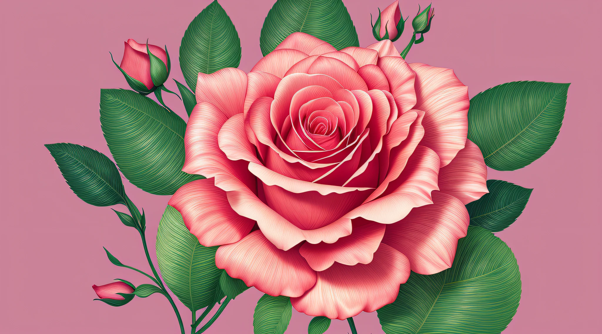 there is a rose with green leaves on a pink background, rose background, pink rose, pink rose, inspired by Rose Henriques, highly detailed vector art, roses and lush fern flowers, highly detailed digital art, detailed realistic colors, rose background, highly detailed digital illustrations, adobe illustrator art, detailed digital illustrations, detailed flowers, ultra detailed color art