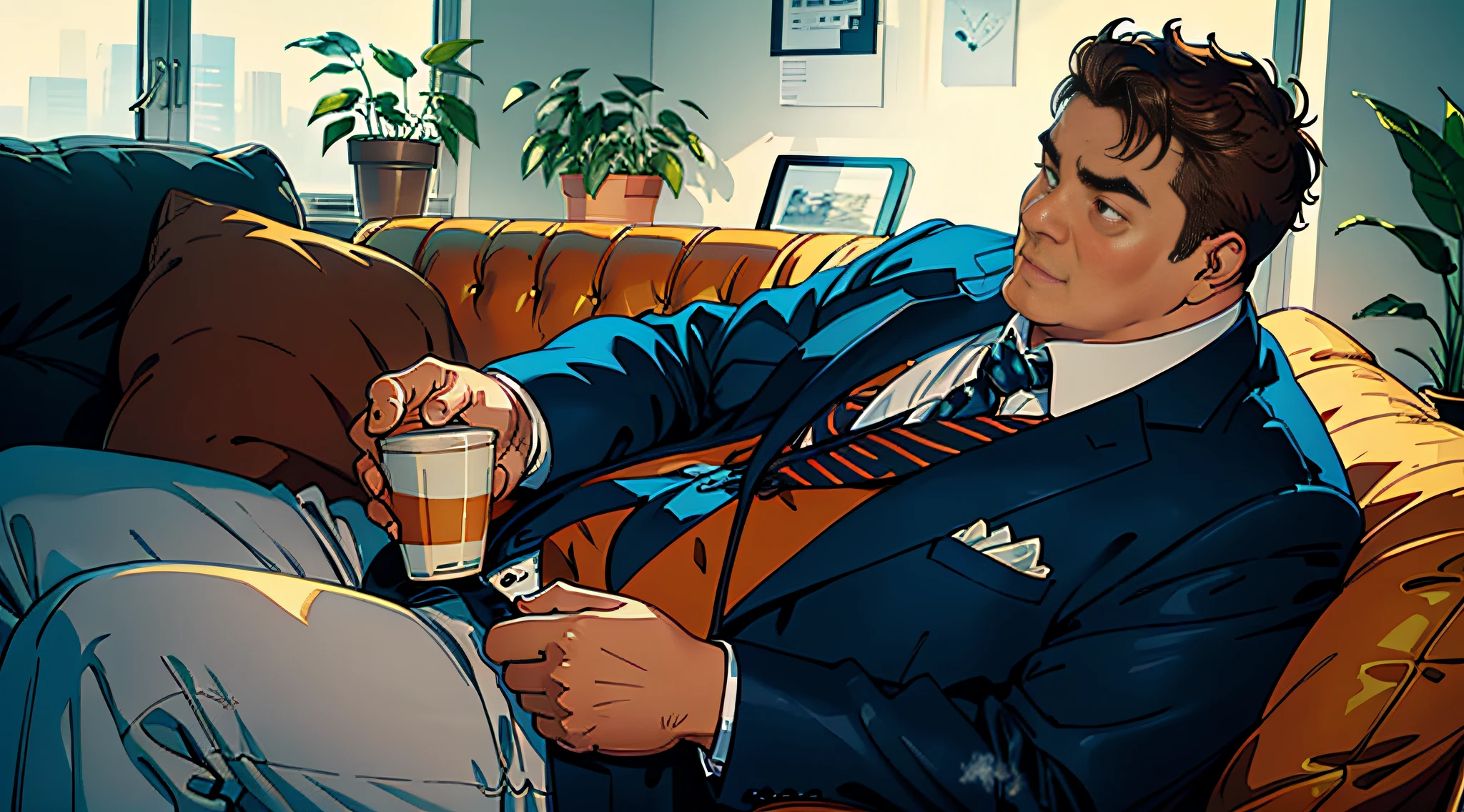 In the bright and modern office, a middle-aged man (a little obese) wears a well-worn suit, sits calmly on the sofa, and holds a cup of tea in his right hand (the cup is steaming hot, the brown color is clearly visible), deeply expressing the relaxed comfort of the middle-aged man.