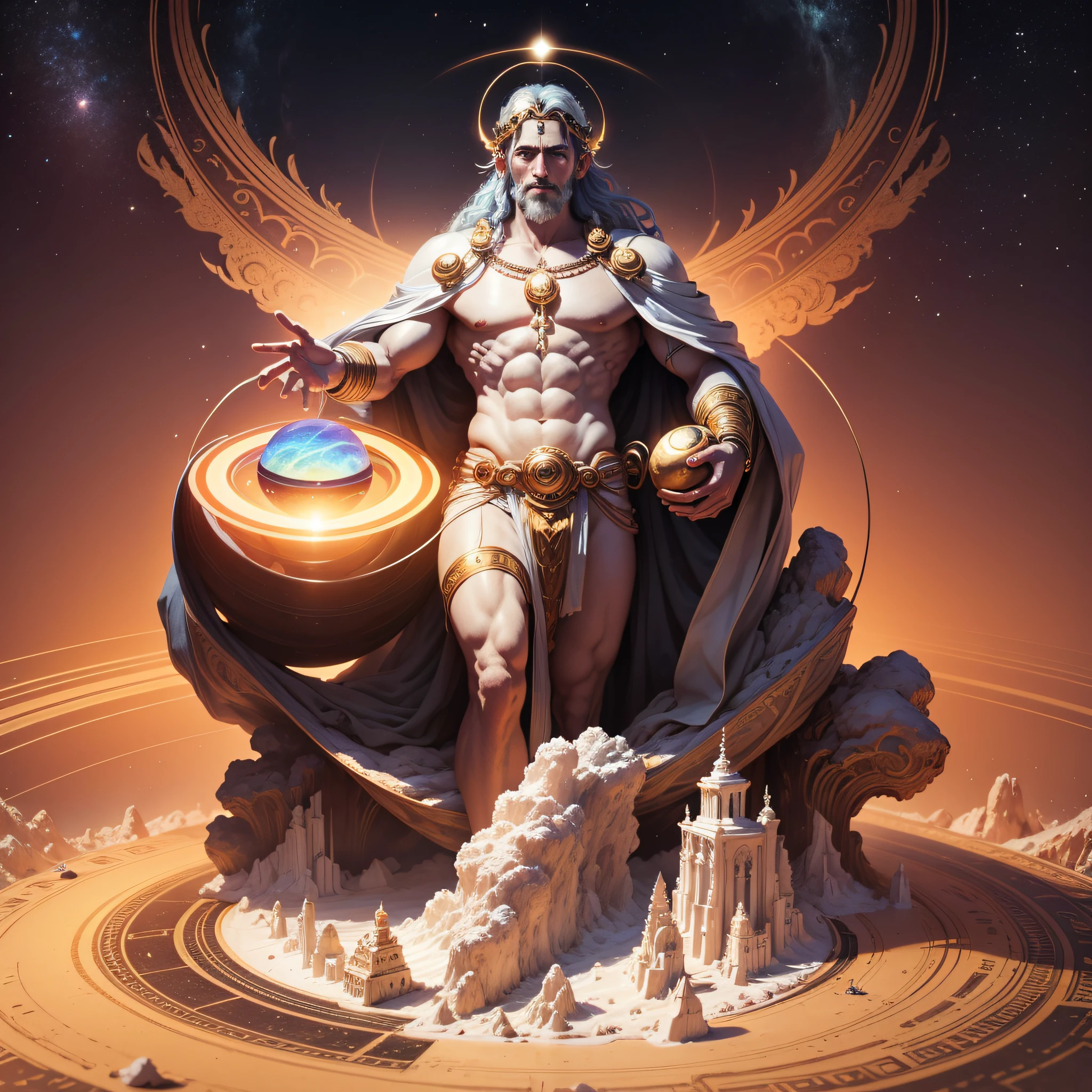God of the saturn planet, Man with the planet saturn floating in his hands, 8k, intricate details