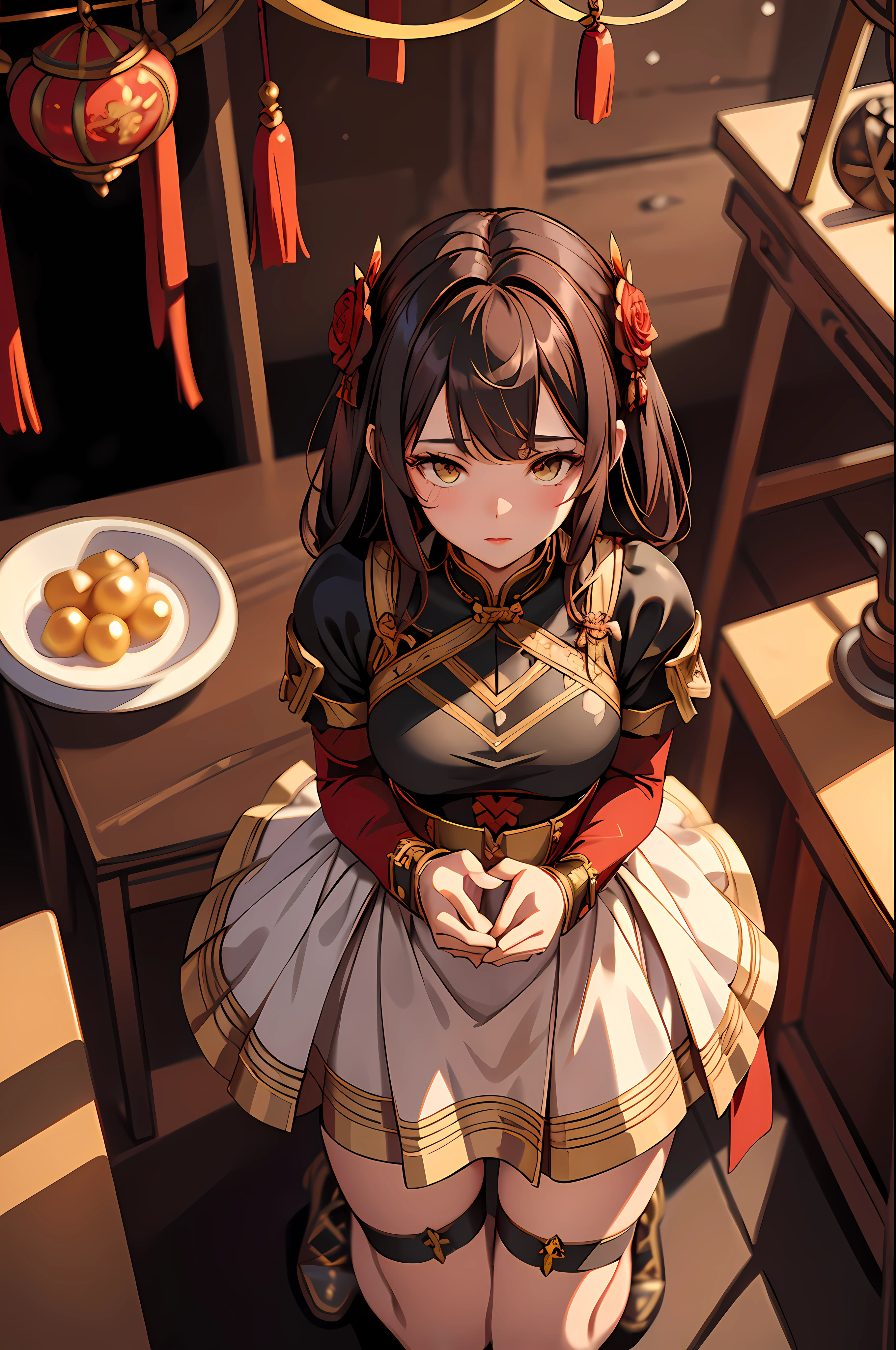 best quality, masterpiece, (extremely delicate and beautiful:1.2), 
blurry background, looking at viewer, 
1girl, solo, fashi-girl, red lips, blush, bdsm, bodysuit, corset, shibari, handcuffs, collar, (suspension:1.6), breasts out, bound arms, arms behind back, restrained, leaning forward, yellow eyes, black hair, glowing eyes, yellow eyes, absurd res, high res, (masterpiece:1.4), ultra-detailed, 1girl, from above, space, floating, red Chinese dress, red dress, black stockings, light brown hair, yellow eyes, hands out of frame, red Chinese dress, dark background