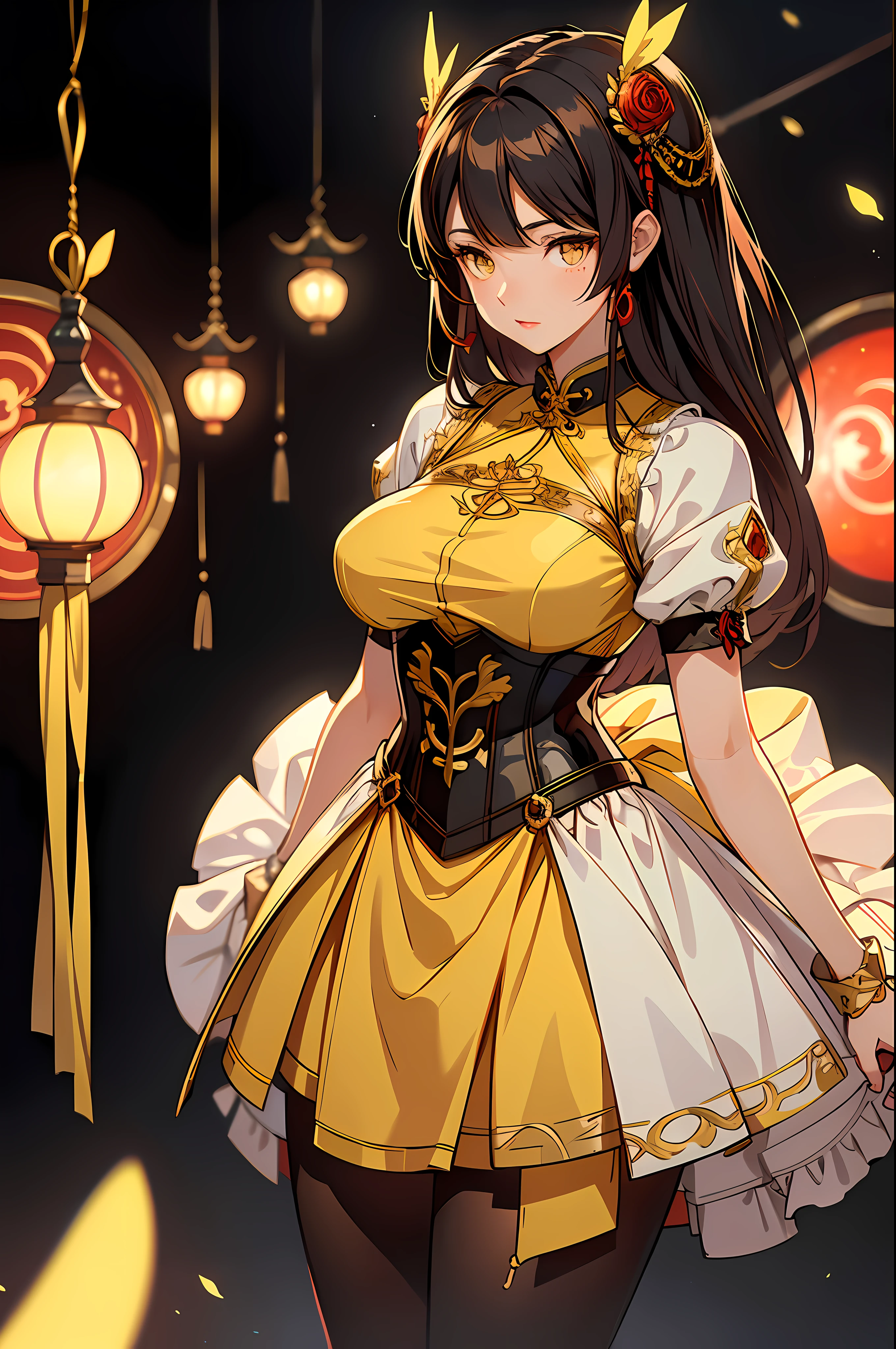 best quality, masterpiece, (extremely delicate and beautiful:1.2), 
blurry background, looking at viewer, 
1girl, solo, fashi-girl, red lips, blush, bdsm, bodysuit, corset, shibari, handcuffs, collar, (suspension:1.6), breasts out, bound arms, arms behind back, restrained, leaning forward, yellow eyes, black hair, glowing eyes yellow absurd res, high res, (masterpiece:1.4), ultra-detailed, 1girl, from above, space, floating, red Chinese dress, red dress, black stockings, light brown hair, yellow eyes, hands out of frame