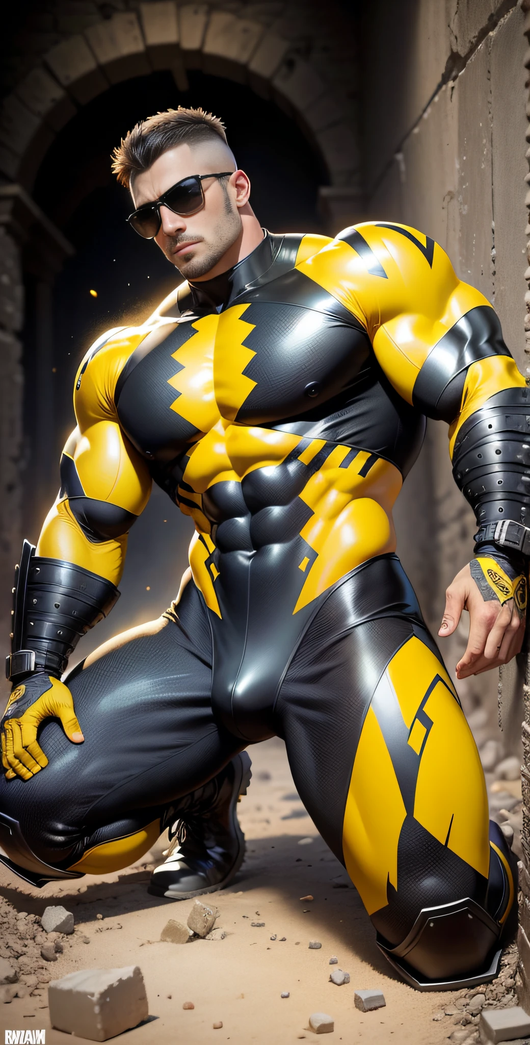 Arad man in yellow and black clothes kneeling in desolate ruins with his head in his hands, muscle male hero, Buzz Cut, heroic male pose, tall and burly, muscular! Wearing black sunglasses with sad expression, stealth suit, symmetrical pattern texture design, super buff and cool, high resolution committee, character design police, black military boots, attractive strong male with armor