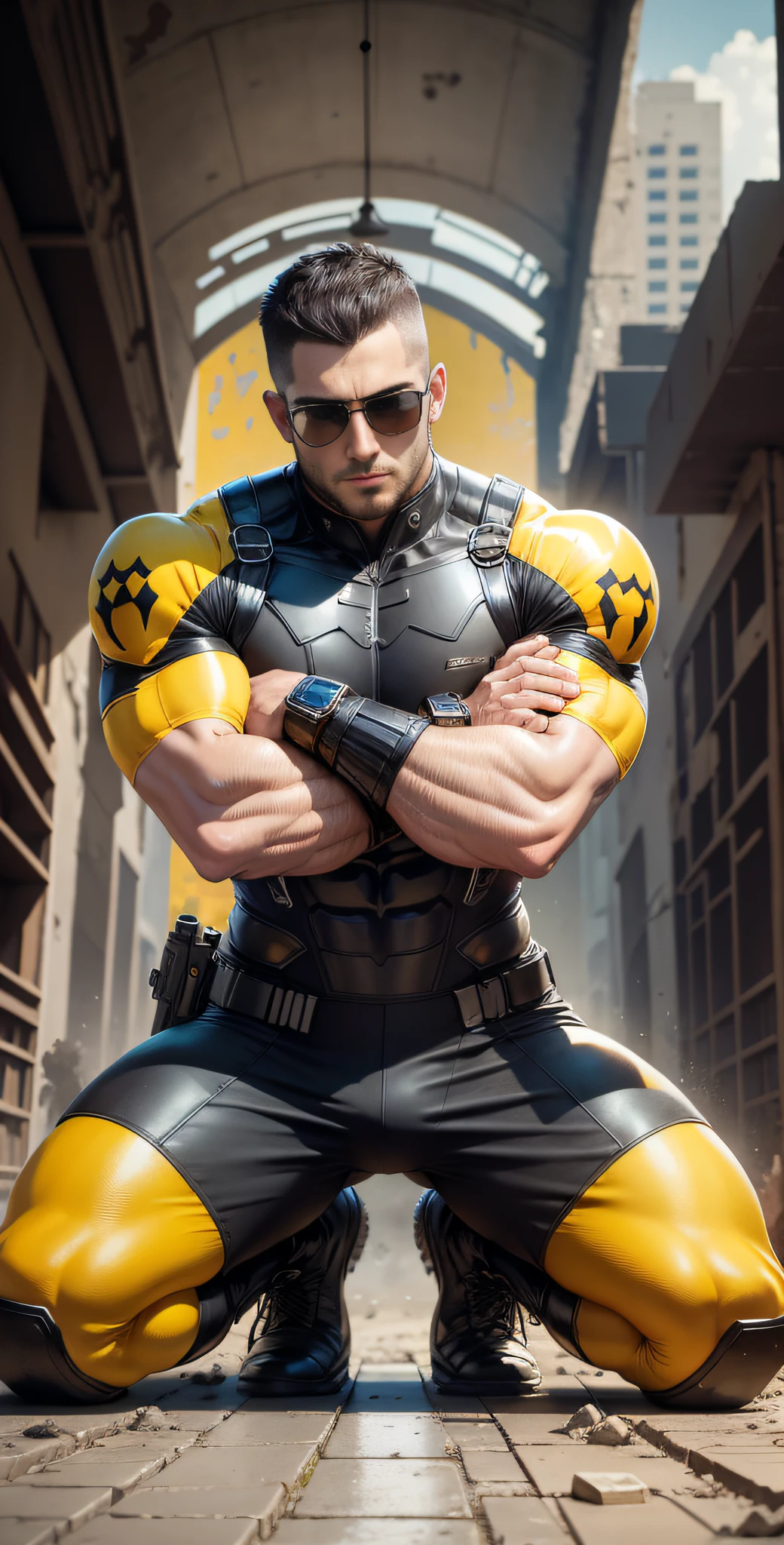 Arad man in yellow and black clothes kneeling in desolate ruins with his head in his hands, muscle male hero, Buzz Cut, heroic male pose, tall and burly, muscular! Wearing black sunglasses with sad expression, stealth suit, symmetrical pattern texture design, super buff and cool, high resolution committee, character design police, black military boots, attractive strong male with armor