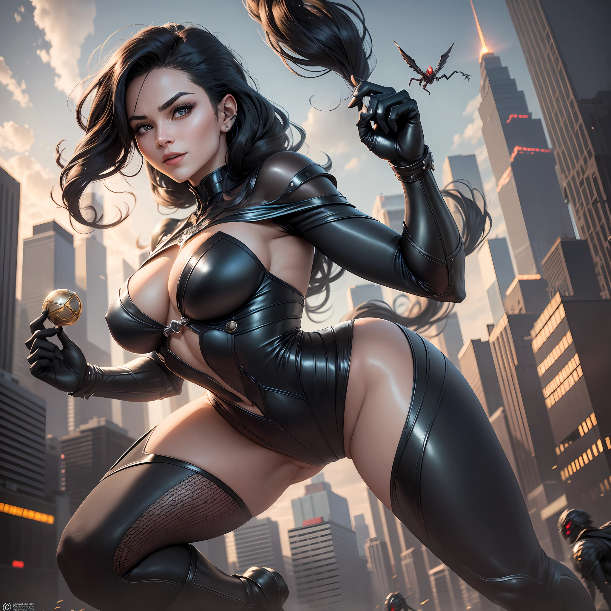 Spider Woman exudes an audacious confidence as she moves silently through the streets of the city. His agile and elegant figure is wrapped in a fair and elegant costume that accentuates his perfect curves. His mask reveals only his bright eyes and his confident smile. Her black hair flows in locks in the wind as she leaps through the buildings of the city. Her presence is magnetic, and she exudes a powerful energy that makes her even more attractive. She is strong and courageous, always ready to face danger to protect those who need help. Her arachnid agility makes her a formidable opponent in combat, and her intelligence and cunning are her main weapons. Despite her strength and courage, she is kind and compassionate to those who are struggling. She takes her responsibilities as a hero seriously, but is also notable for her cheerfulness and sense of humor. She is a true arachnid beauty, with a heart of gold and a brave soul. , 8k high resolution image, hyper detailed, super realistic, intricate details --auto --s2