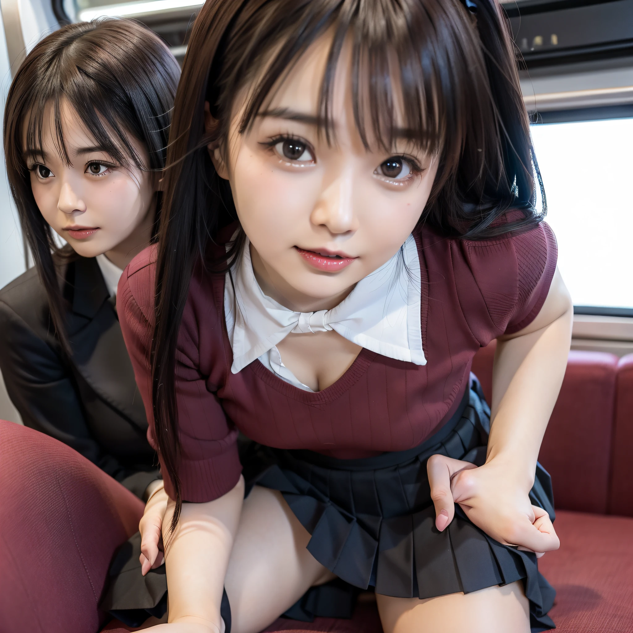 arafed Asian woman in a short pleated skirt and bow tie, half squat on a train, intense menstrual flow, menstrual blood running down her thigh, menstrual blood-stained skirt, beautiful girl, hyperrealistic, posing, full body, nice skin,