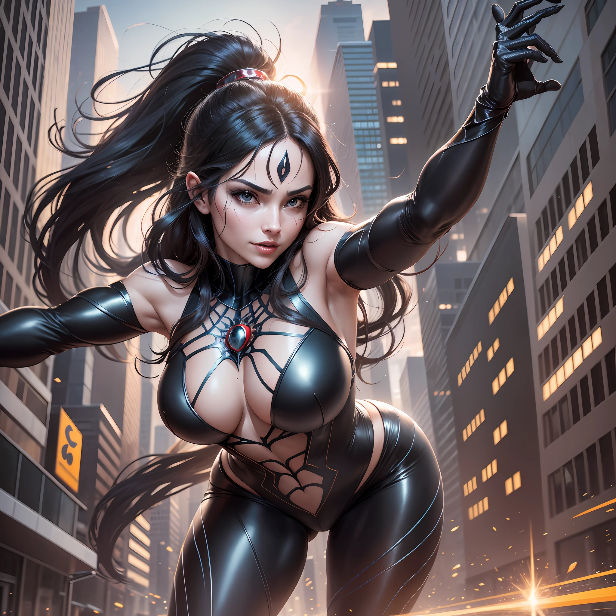 Spider Woman exudes an audacious confidence as she moves silently through the streets of the city. His agile and elegant figure is wrapped in a fair and elegant costume that accentuates his perfect curves. His mask reveals only his bright eyes and his confident smile. Her black hair flows in locks in the wind as she leaps through the buildings of the city. Her presence is magnetic, and she exudes a powerful energy that makes her even more attractive. She is strong and courageous, always ready to face danger to protect those who need help. Her arachnid agility makes her a formidable opponent in combat, and her intelligence and cunning are her main weapons. Despite her strength and courage, she is kind and compassionate to those who are struggling. She takes her responsibilities as a hero seriously, but is also notable for her cheerfulness and sense of humor. She is a true arachnid beauty, with a heart of gold and a brave soul. , 8k high resolution image, hyper detailed, super realistic, intricate details --auto --s2