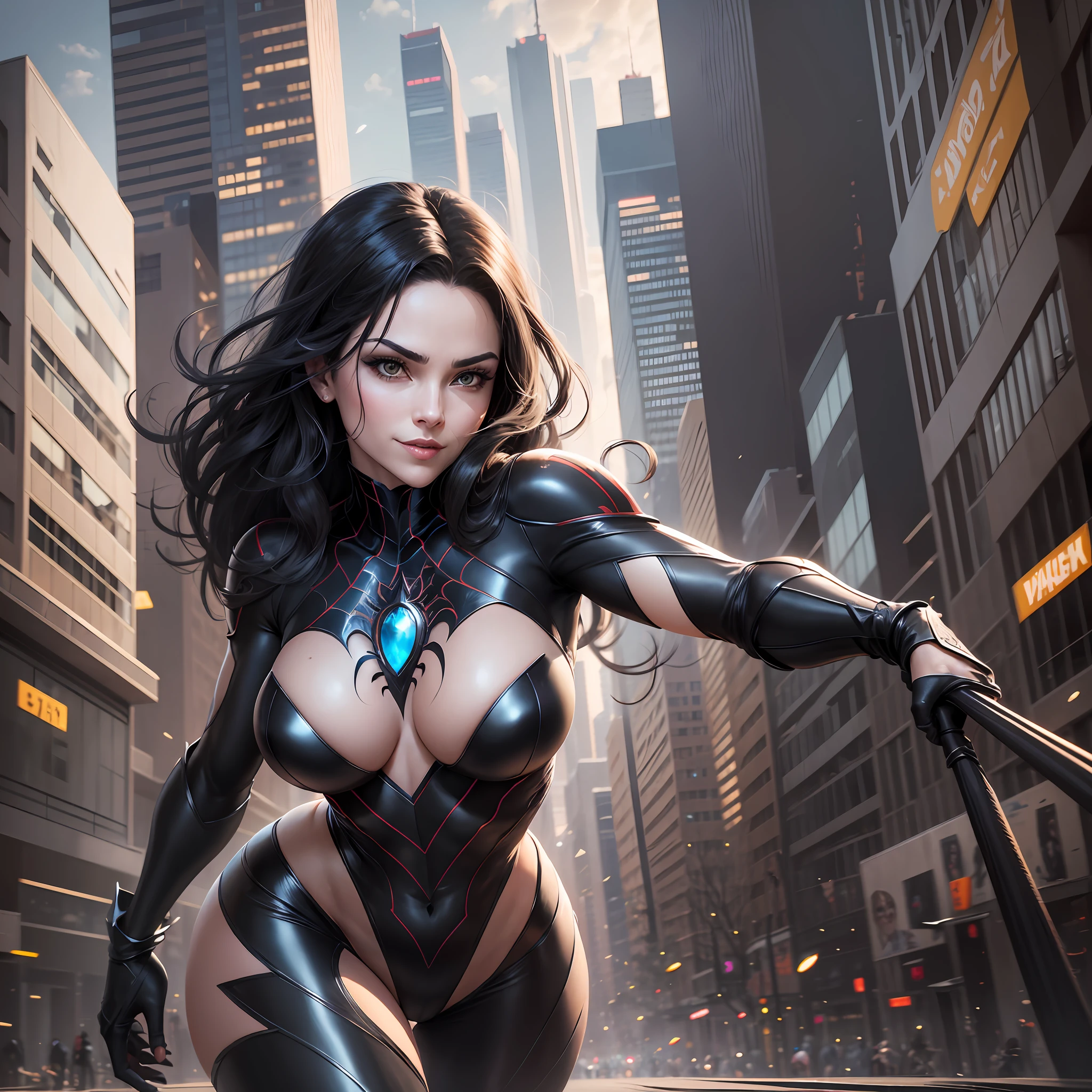 Spider Woman exudes an audacious confidence as she moves silently through the streets of the city. His agile and elegant figure is wrapped in a fair and elegant costume that accentuates his perfect curves. His mask reveals only his bright eyes and his confident smile. Her black hair flows in locks in the wind as she leaps through the buildings of the city. Her presence is magnetic, and she exudes a powerful energy that makes her even more attractive. She is strong and courageous, always ready to face danger to protect those who need help. Her arachnid agility makes her a formidable opponent in combat, and her intelligence and cunning are her main weapons. Despite her strength and courage, she is kind and compassionate to those who are struggling. She takes her responsibilities as a hero seriously, but is also notable for her cheerfulness and sense of humor. She is a true arachnid beauty, with a heart of gold and a brave soul. , 8k high resolution image, hyper detailed, super realistic, intricate details --auto --s2