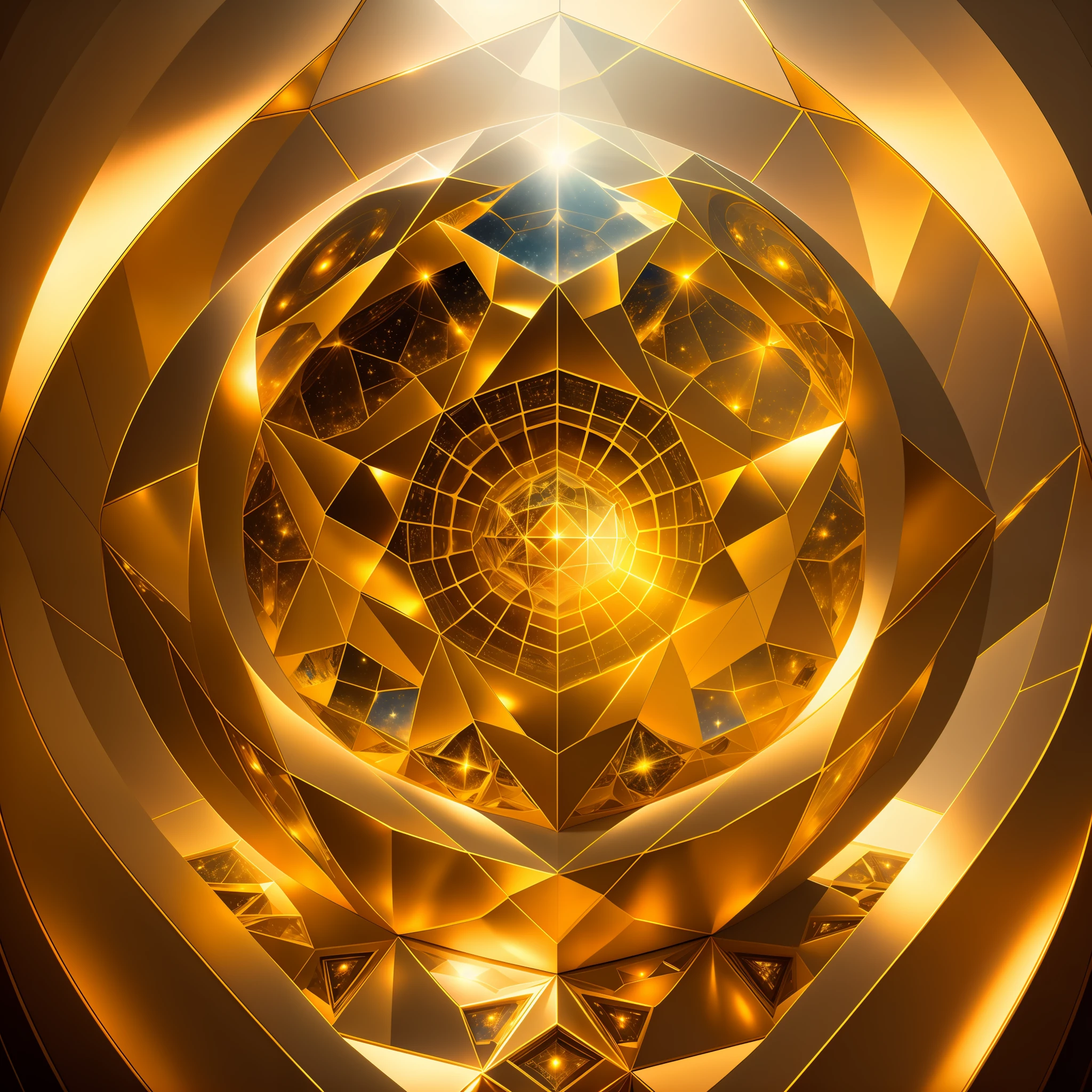 Ultra high definition. Inside the crystal dome of an extraterrestrial planet enveloped in golden light. Modern artworks depicting complex sacred geometries float in various luminescent plasma.