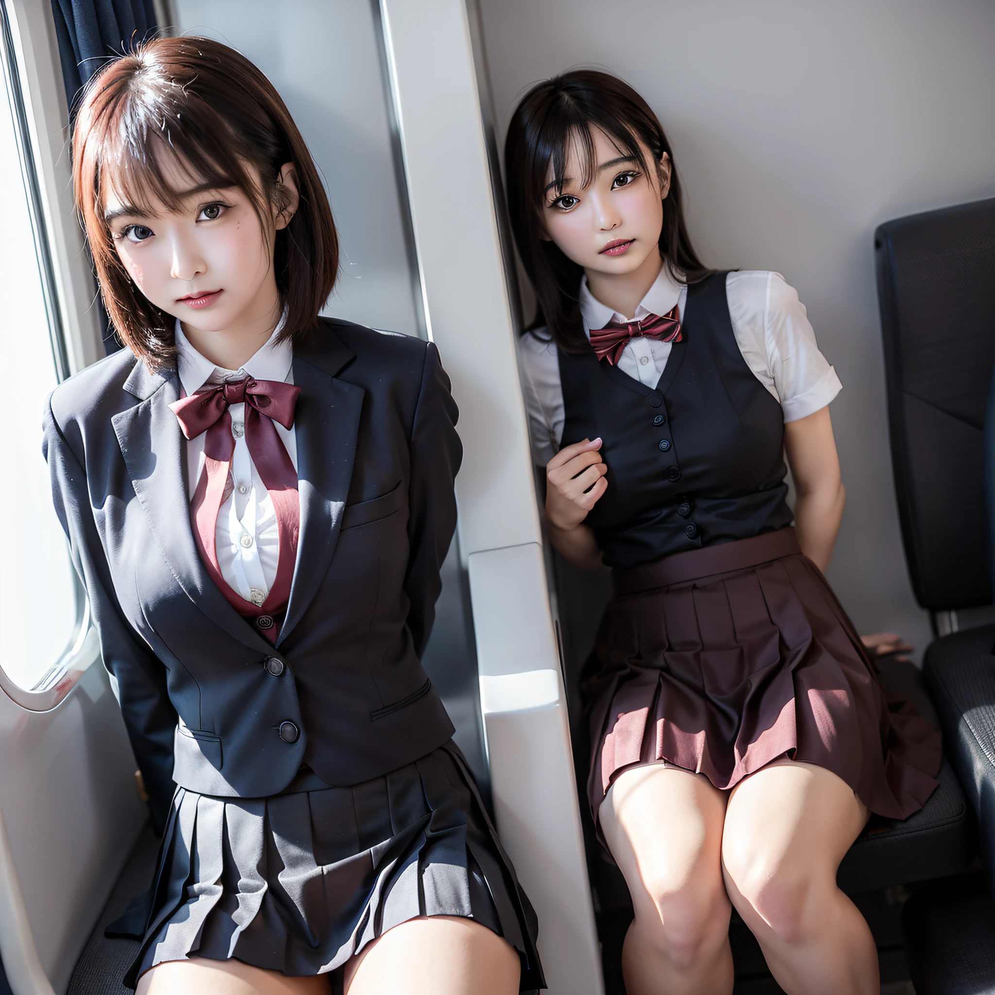 arafed Asian woman in a short pleated skirt and bow tie, half squat on a train, intense menstrual flow, menstrual blood running down her thigh, menstrual blood-stained skirt, beautiful girl, hyperrealistic, posing, full body, nice skin,