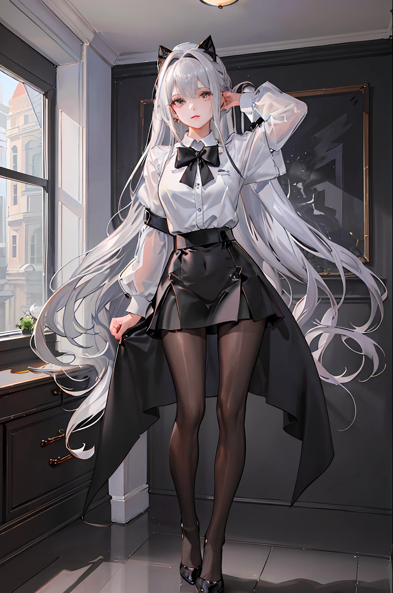 (((1 girl)),ray tracing,(dim lighting),[detailed background (living room)),((silver hair)),(silver hair)),(fluffy silver hair, plump and slender girl)) with high ponytail))) Avoid golden eyes in the ominous living room ((((Girl wears a white shirt, black wrinkled skirt with black transparent pantyhose), showing a delicate slender figure and graceful curves, correct limbs, hands behind the head, both hands behind the head