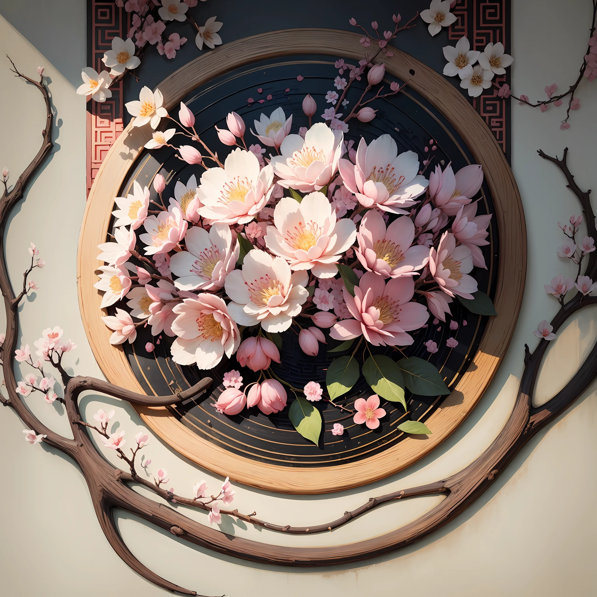 Chinese style, Chinese mythology, Chinese New Year painting, pear blossom, white flower, pink white flower, --auto --s2