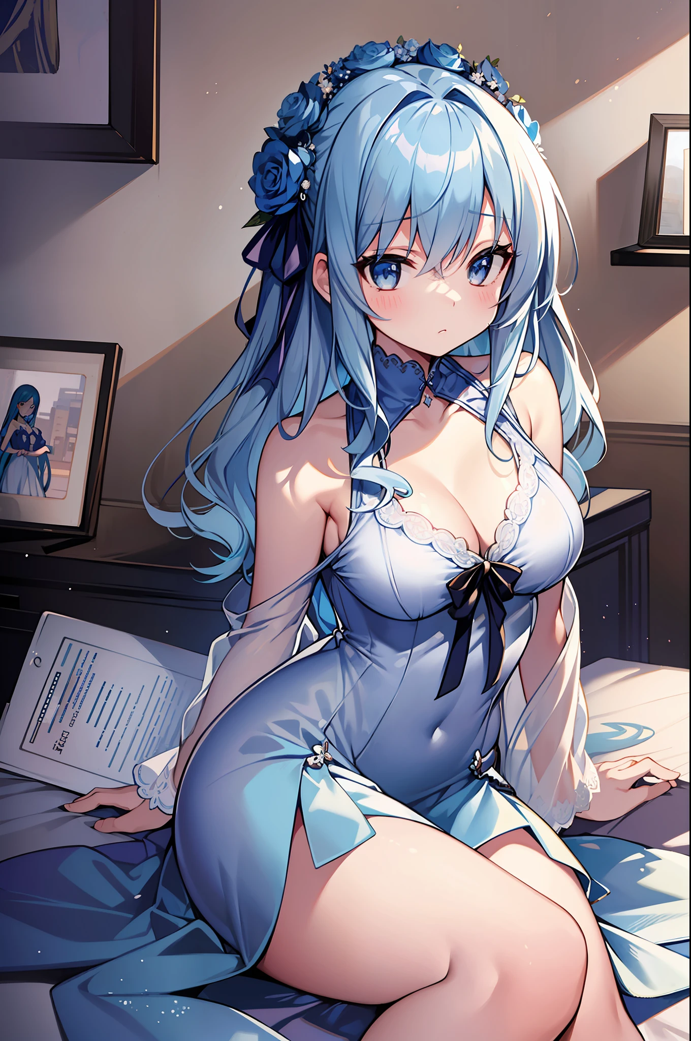 (MASTERPIECE), (Best Quality), (Super Detail), Official Art, One Girl, Lori with Pale Light Blue Hair, Navy and Silver See-Through Dress, Sleeveless, Off Shoulder, Small, Modest Breasts, Petite, Cleavage, Thigh Focus, Card Illustration, Ice