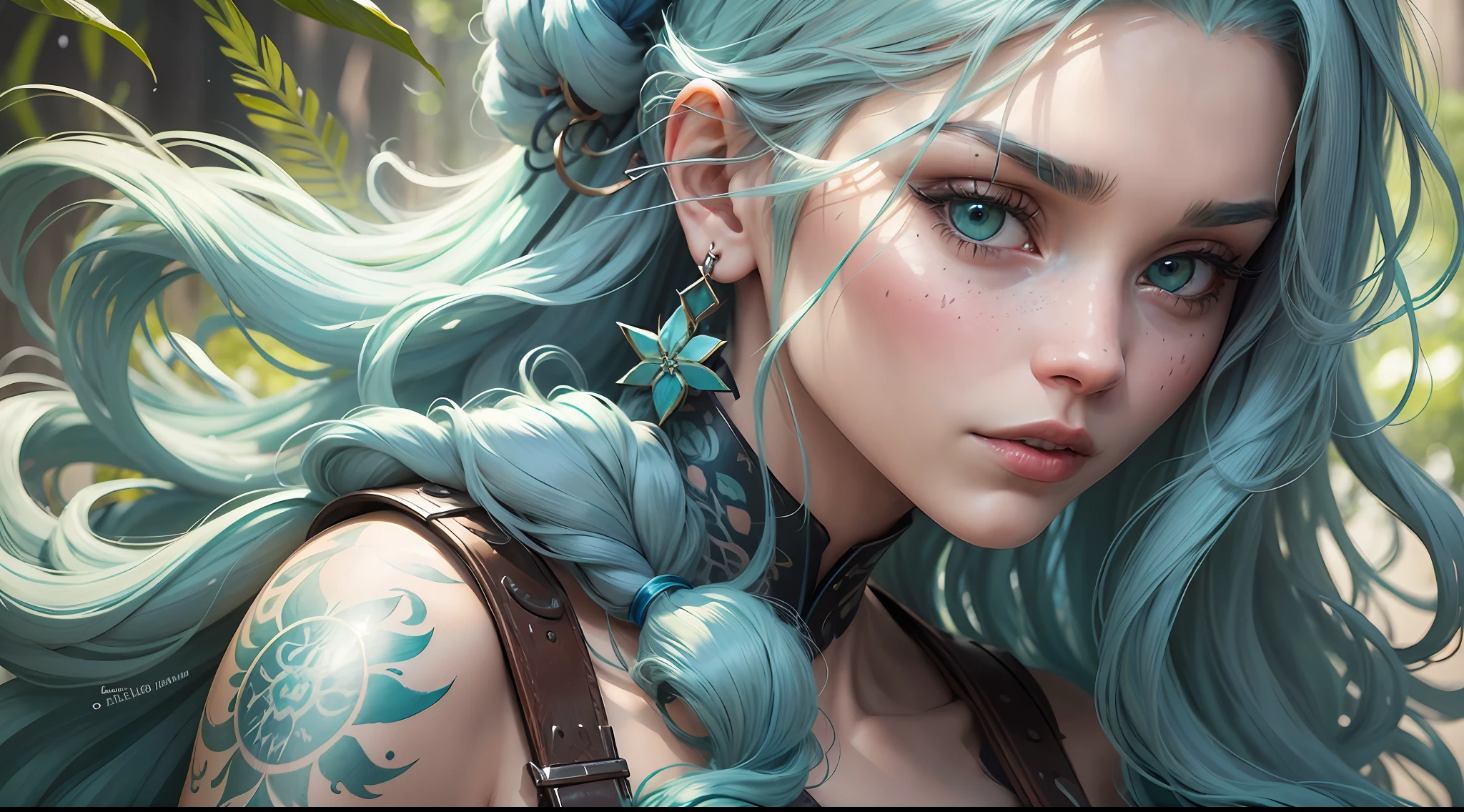 A closeup of a woman with long blue hair and tattoos, with long turquoise hair, long cyan hair, turquoise teary hair, long blue blue hair, long flowing blue hair, long long green hair, beautiful blue-haired girl, very long wavy blue hair, greenish blue tones, flowing blue hair, flowing green hair, long braided hair, 8K high resolution image, hyper detailed, super realistic, intricate details --auto --s2