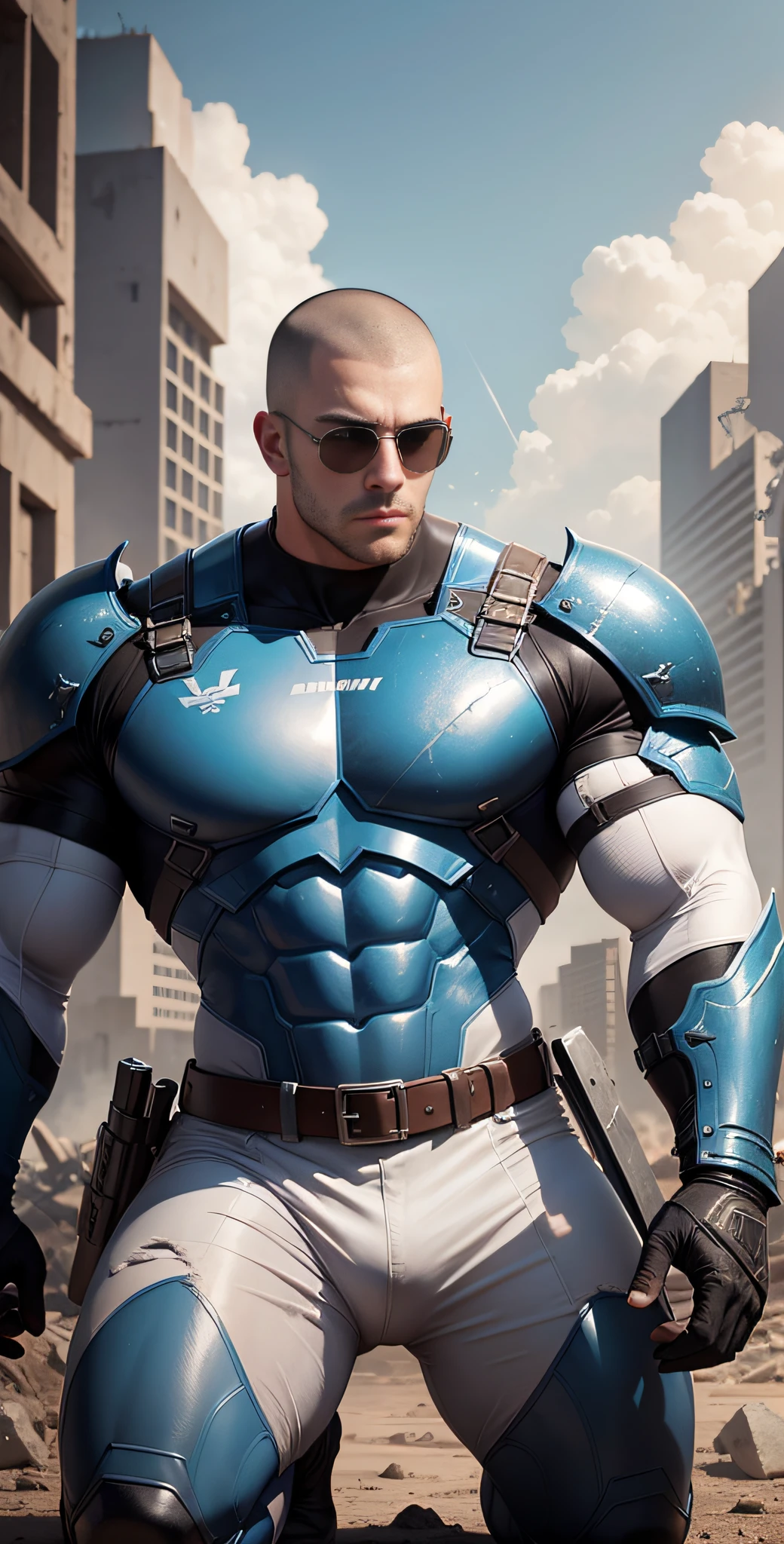 Allad man in white and blue clothes kneeling in desolate ruins with his head in his hands, muscle male hero, Buzz cut, heroic male pose, tall and burly, muscular! Wearing black sunglasses with sad expression, stealth suit, symmetrical pattern texture design, super buff and cool, high resolution committee, character design police, black military boots, attractive strong male with armor