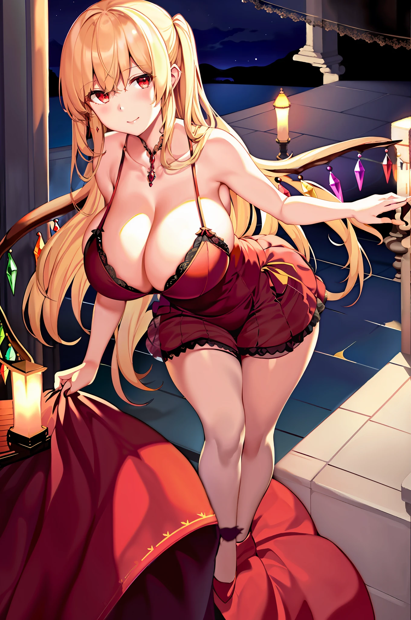 (Delicate hand depiction) (Veranda at night) ((Colossal breasts 2.5)) (Adult 2.5) (Flandre Scarlett) (Flappai 1.5) (Crimson eyes 1.5) Grown body Big breasts Boobs Cleavage (Gentle MILF) Blonde Long Hair Dress Long Skirt Smiling