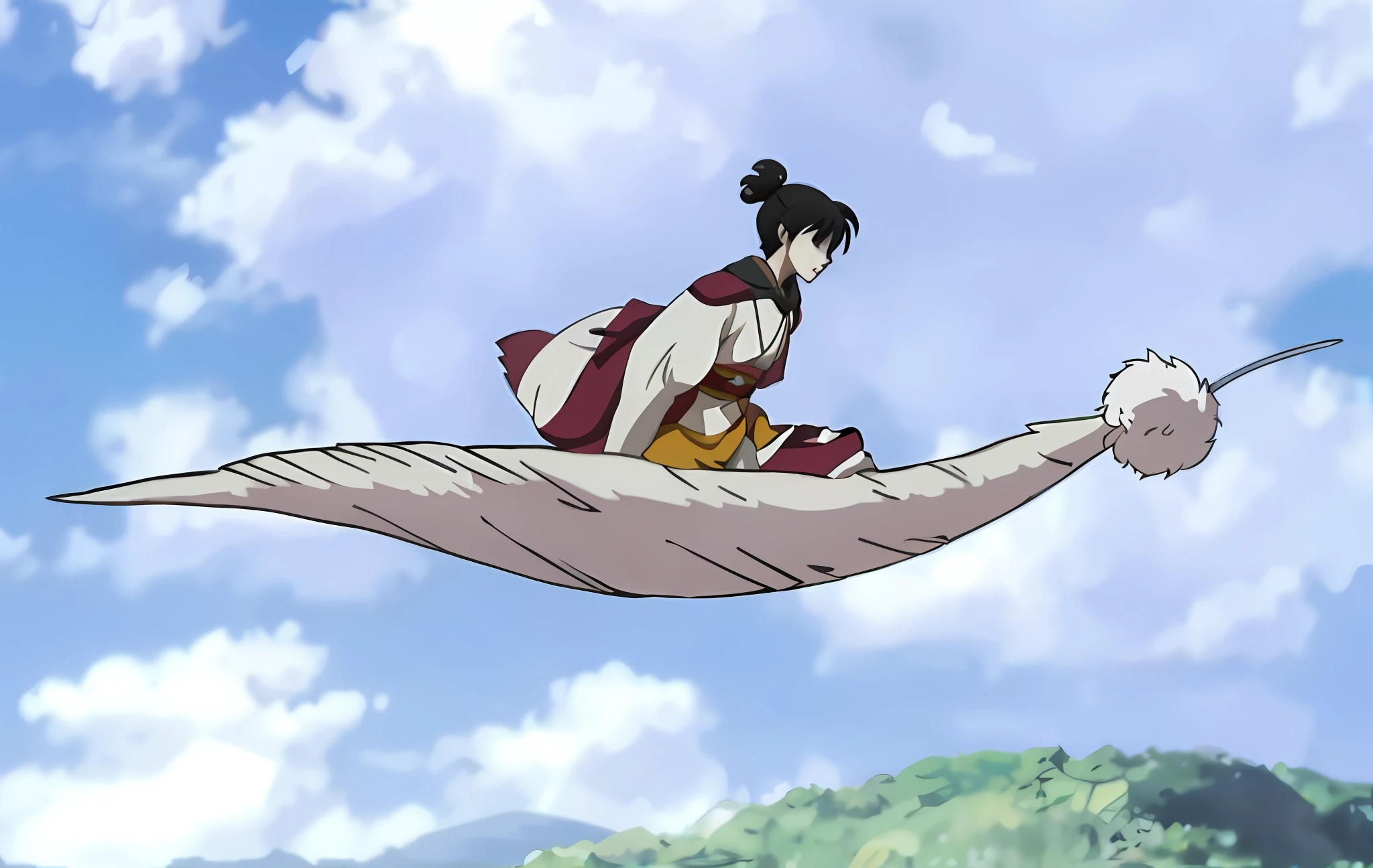 (Best Quality), (Realisticity: 1), Realistic skin texture, Background bokeh, Arakfi flying in the air with a sword in his hand, Inuyasha, Flying anime Esper, A Woman Floating in Mid-Air, Ghibli anime style, anime movie screenshots, Ghibli Chi and Spirited Away's atmosphere, Mizuzu, soaring in the sky, 2012 anime screenshots, characters flying, Umiha Renmi