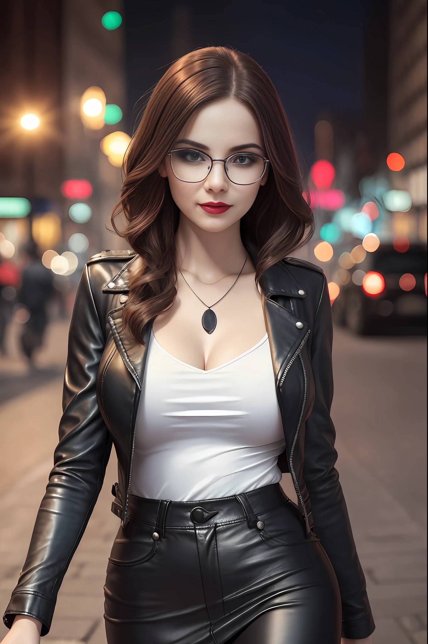 absurdres, RAW photo, highest quality, (masterpiece: 1.3), high detail RAW color photo, professional photo, extremely detailed CG 8k wallpaper unit, photo-realistic, realistic, RAW photo, masterpiece, best quality, highres, illustration,
1girl, 22 YEARS OLD, short, white, brown hair, Average length, thin legs, perfect gorgeous face, bright red lipstick, beautiful realistic eyes, round metal glasses, pale skin, detailed skin texture, natural large breasts. Smile. She looks amazing. Walking. Gothic style.
(black blouse and leather jacket, neckline. simple design), City at night.