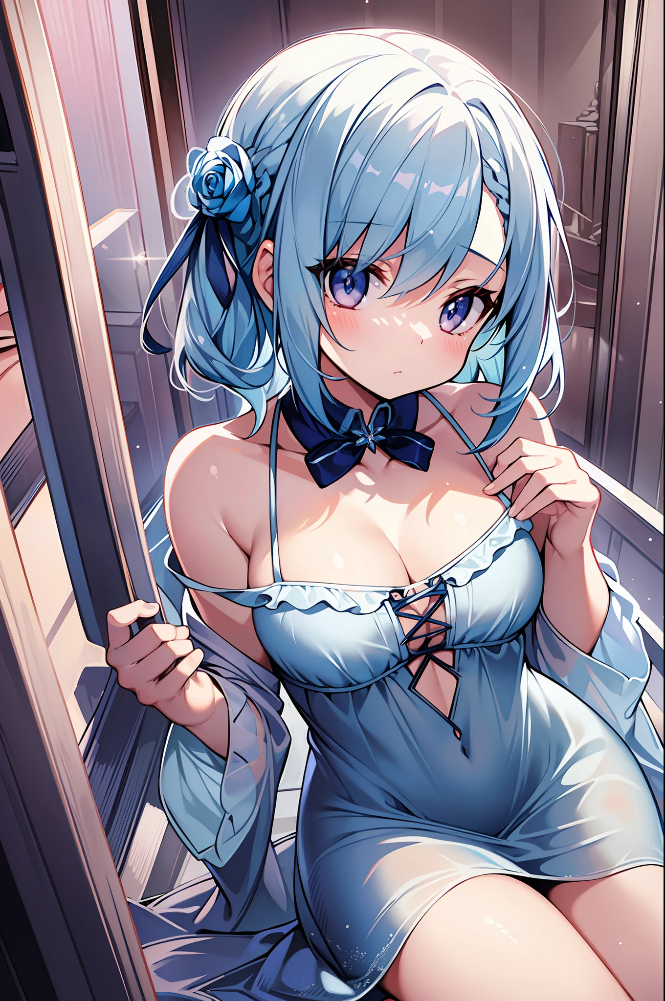 (MASTERPIECE), (Best Quality), (Super Detail), Official Art, One Girl, Lori with Pale Light Blue Hair, Navy and Silver See-Through Dress, Sleeveless, Off Shoulder, Small, Modest Breasts, Petite Little Girl, Cleavage, Thigh Focus, Card Illustration, Ice Attribute