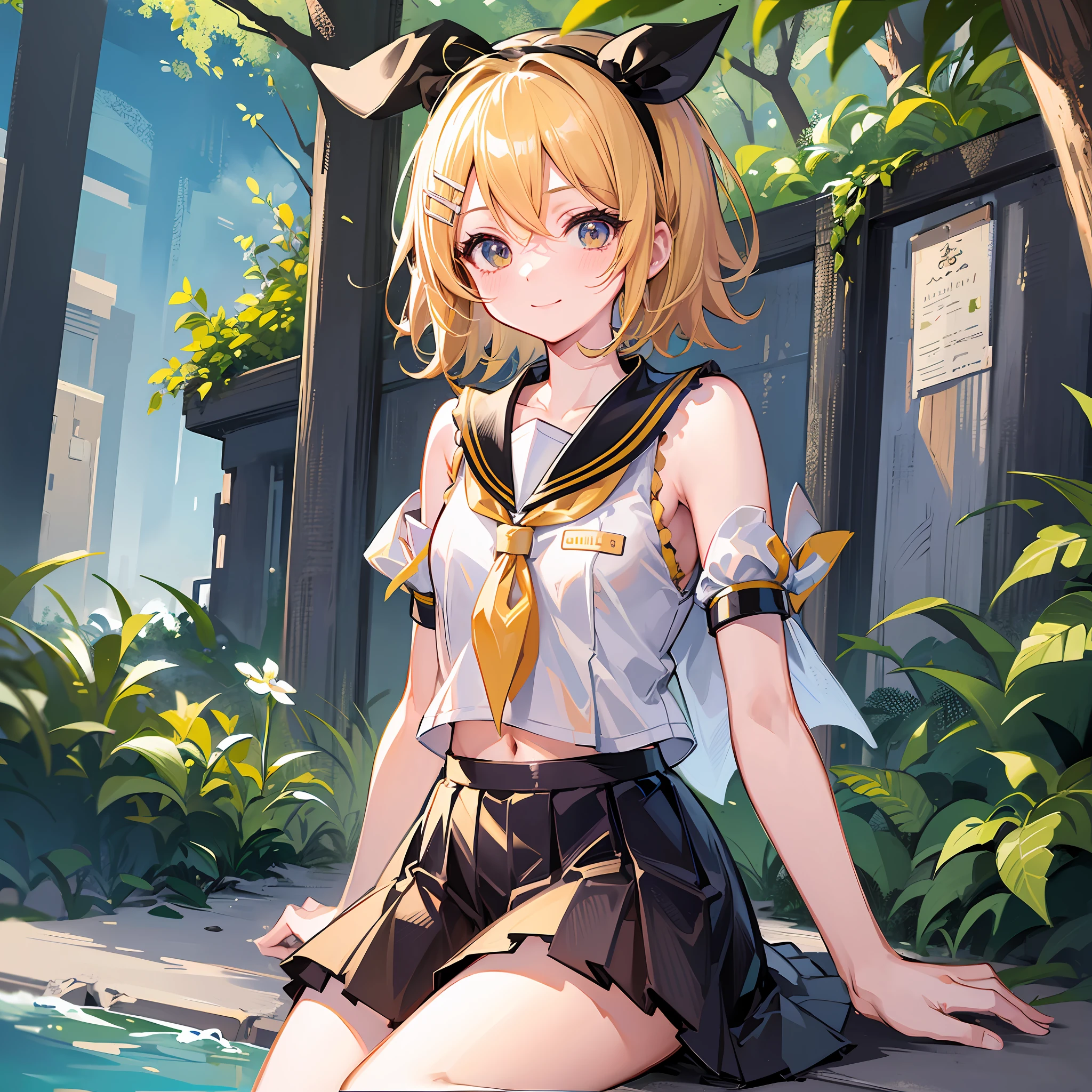 (masterpiece), (best quality), (illustration), (super detailed), (high resolution), absurdity, one girl, (Kagamine_Rin), (Vocaloid), smile, innocence, sailor suit, yellow neckerchief, shoulders are cut off, skirt, short hair, hair clip, blush, (blonde), very cute girl, small, young, delicate, outdoors, attention to girls, Navel chiller, spoiled