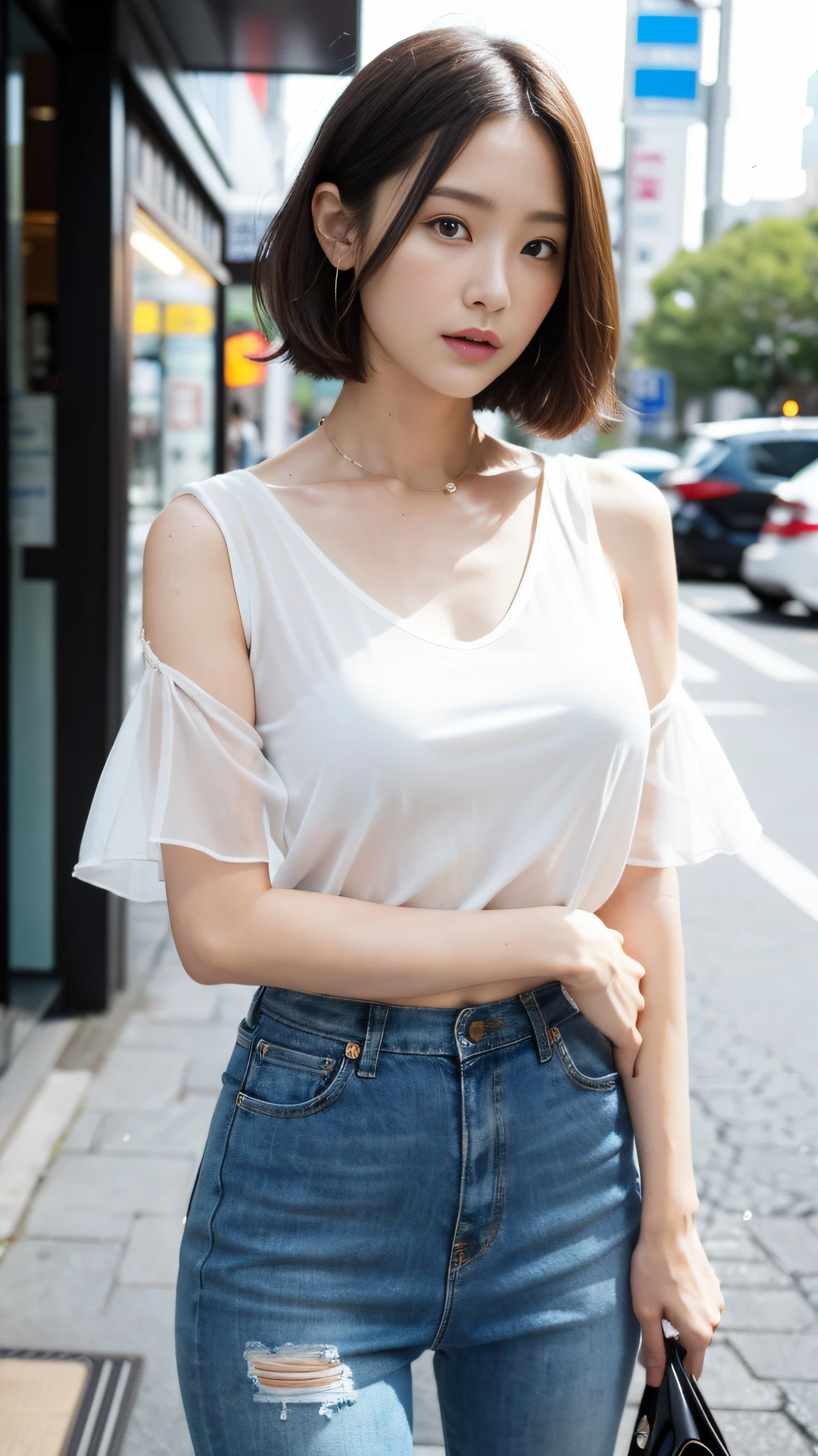 (Best Quality, 8k, 32k, Masterpiece, UHD: 1.2), Cute Japan Woman Pictures, Tattoo, Best Portrait, Slender, Medium Breasts, Very Short Hair, Boyish, Upper Body, Face Focus, Oversized White Shirt, Sheer, Braless, Staggered, Rolled Up Arms, Necklace, Crowded in Front of the Station, Down, Looking at the Smartphone at Hand,